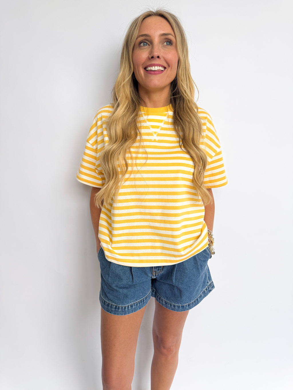 Juliette Striped Knit Tee in Daisy + White