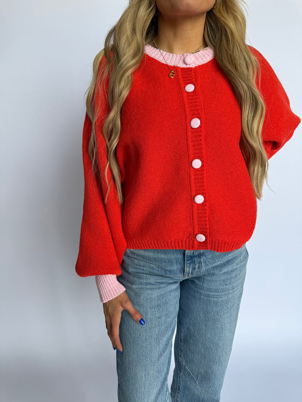 Ari Button Sweater in Deep Orange Pink