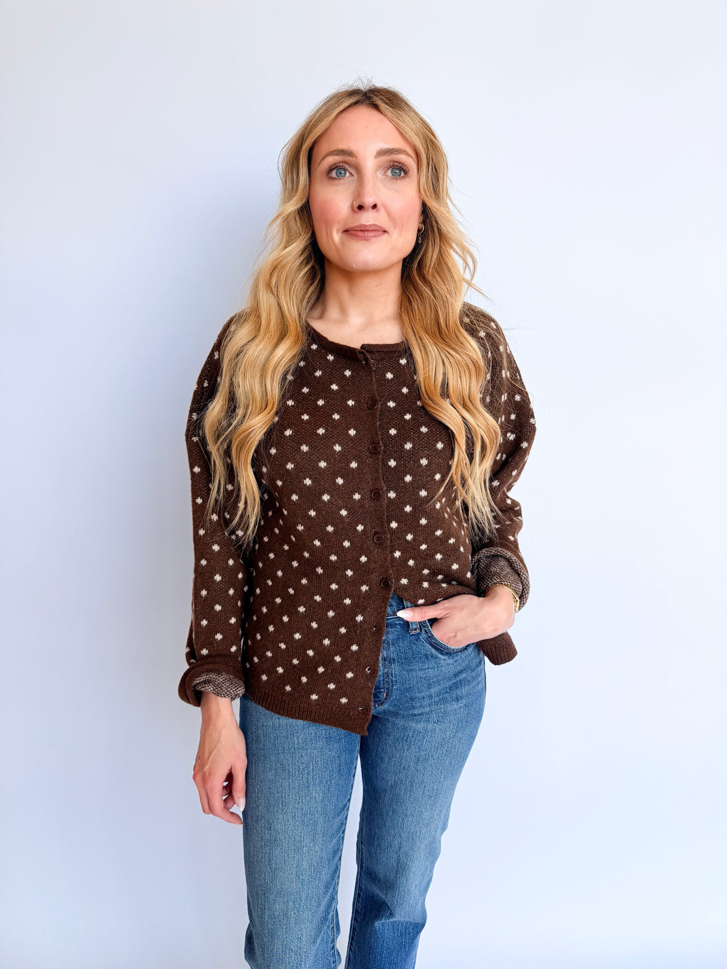 Isabel Sweet Dot Knit Cardigan in Chocolate
