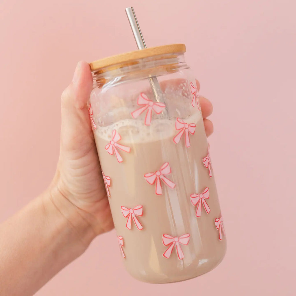 Pink Coquette Bows Glass Can Tumbler