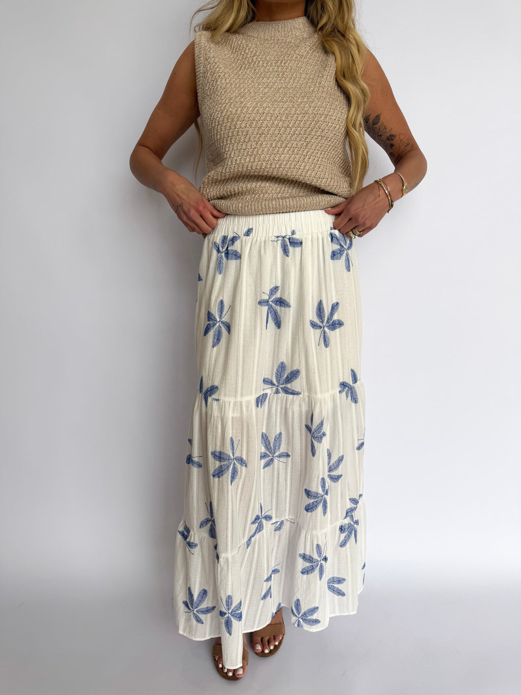 Nyxara Tiered Maxi Skirt in Blue + White