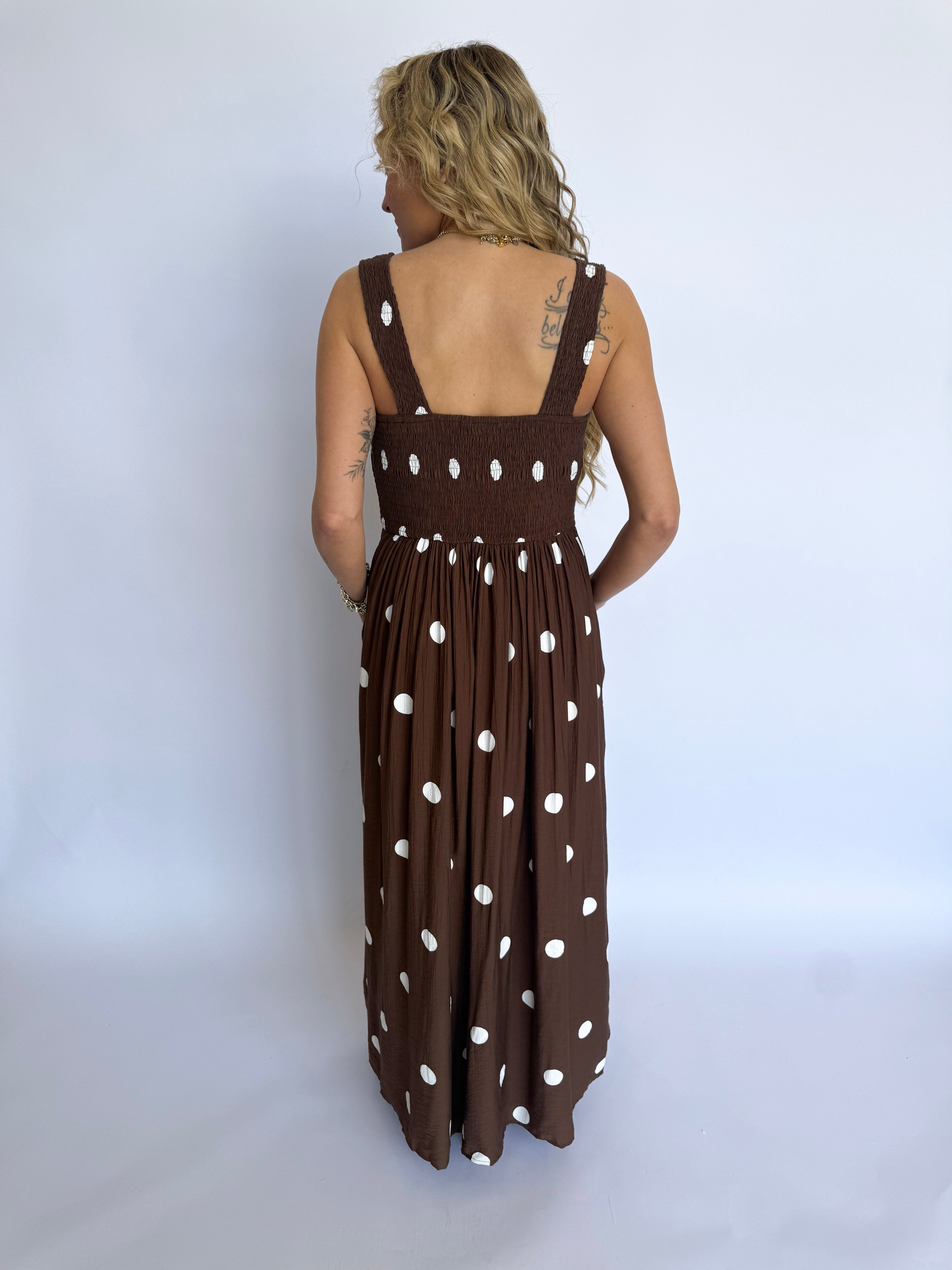 brown polka dot maxi dress Isola Polka Dot Maxi Dress in Chocolate – Smith + Luca