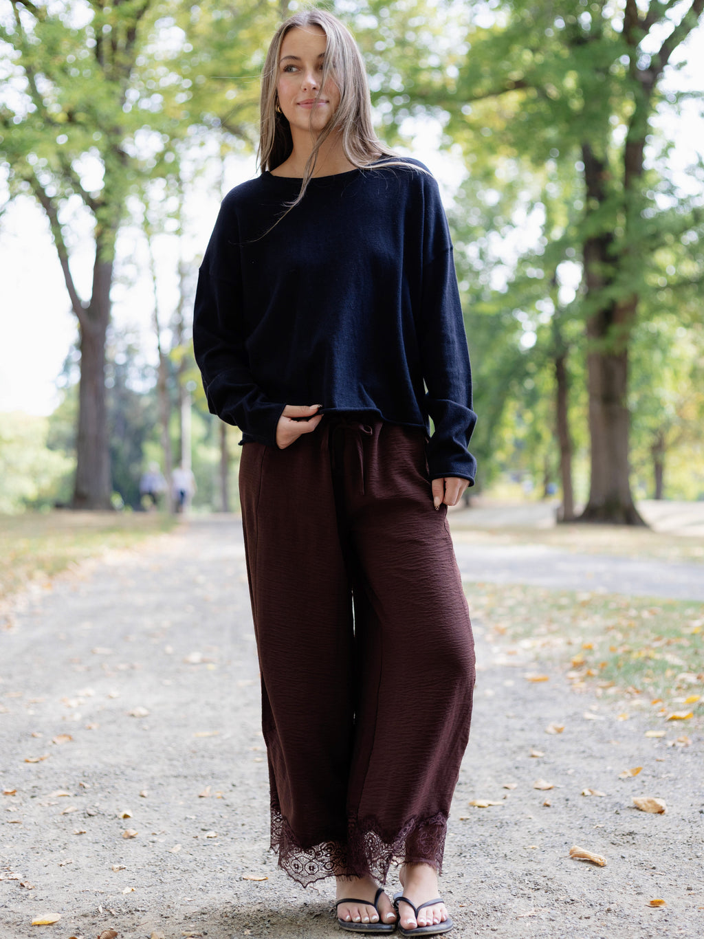 Samantha Lace Trim Pants in Coffee