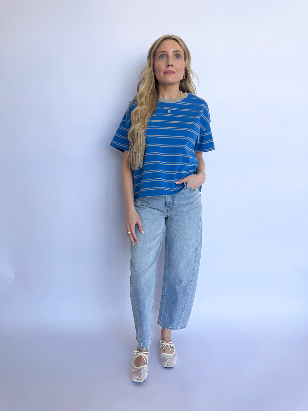 Giselle Striped Boxy Tee in Royal + Grey