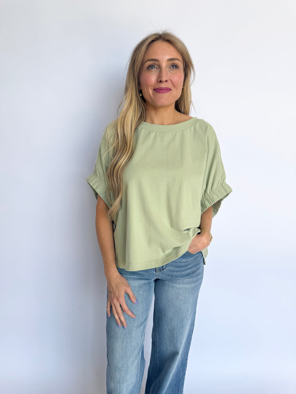 Joyce Oversized Elastic Cuff Top in Sage
