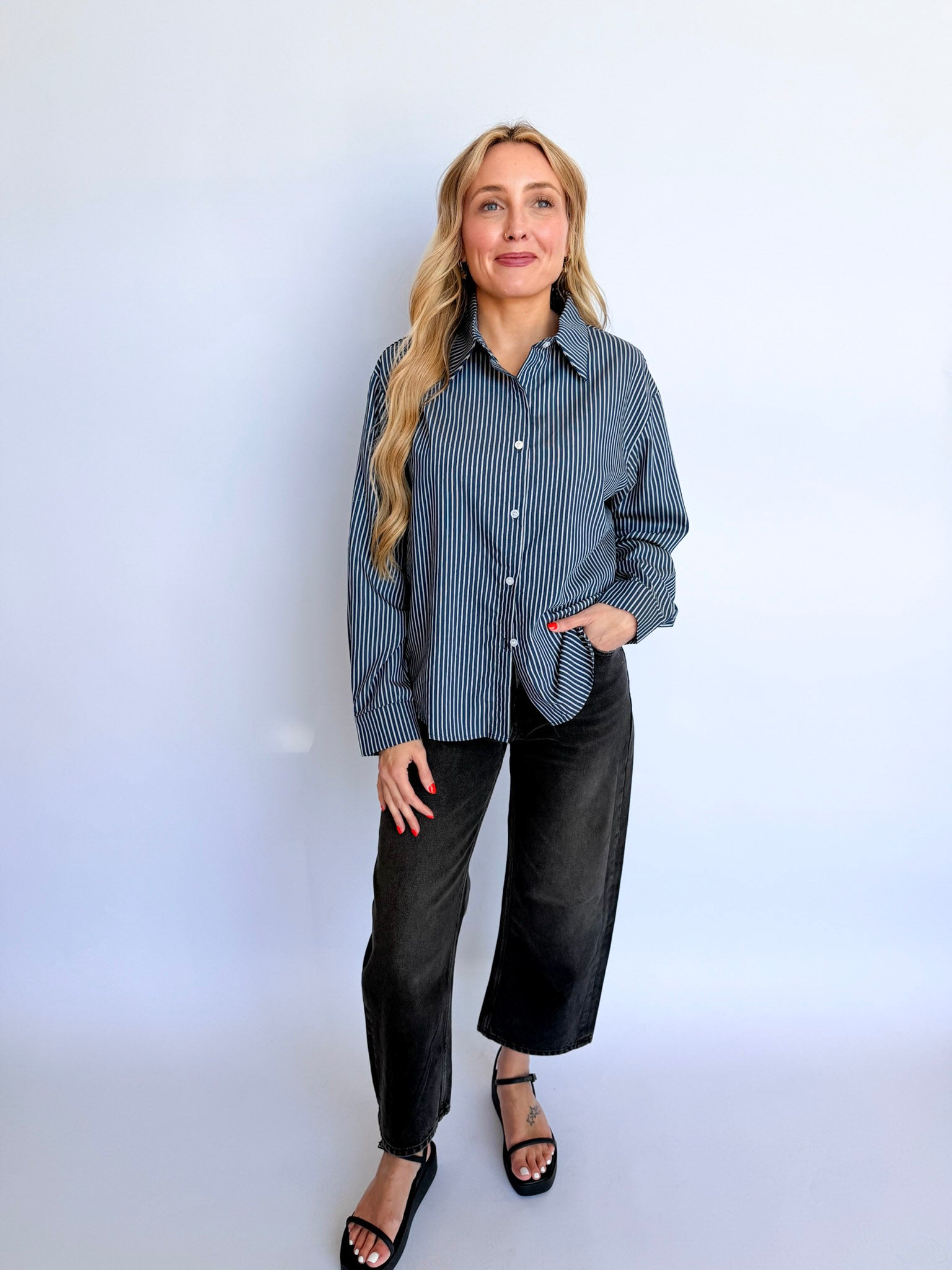 Briony Open Back Oxford in Blue Stripe