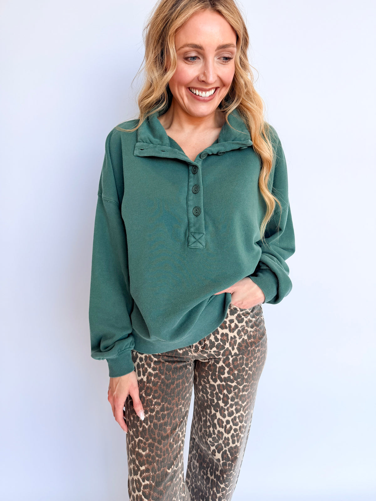 Celine Button Front Sweatshirt in Dark Green