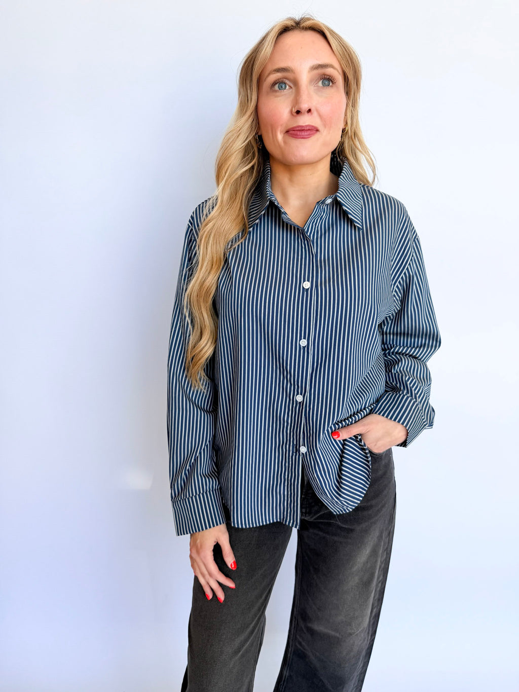Briony Open Back Oxford in Blue Stripe