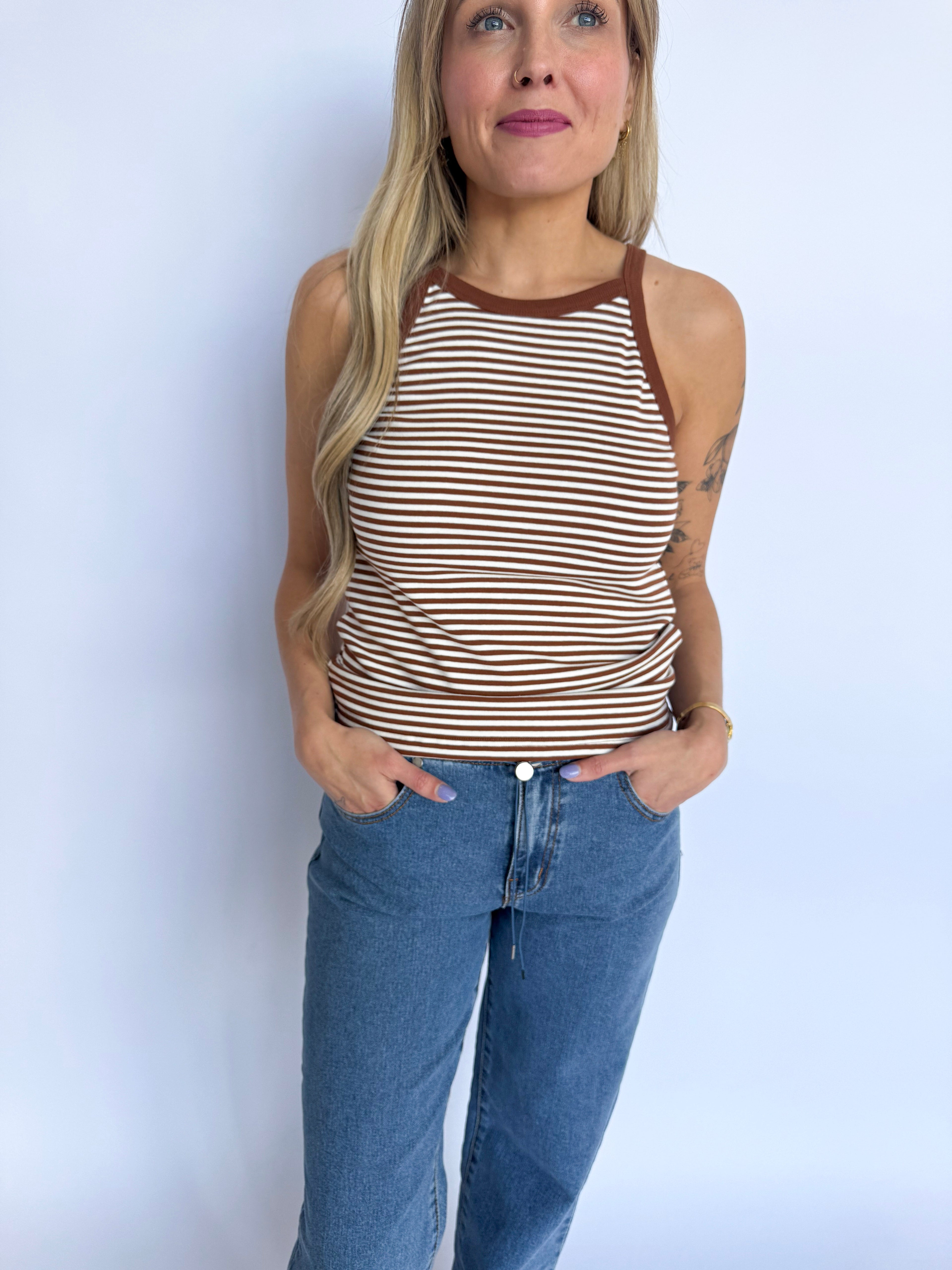 Jessika Striped Ribbed Tank in Brown