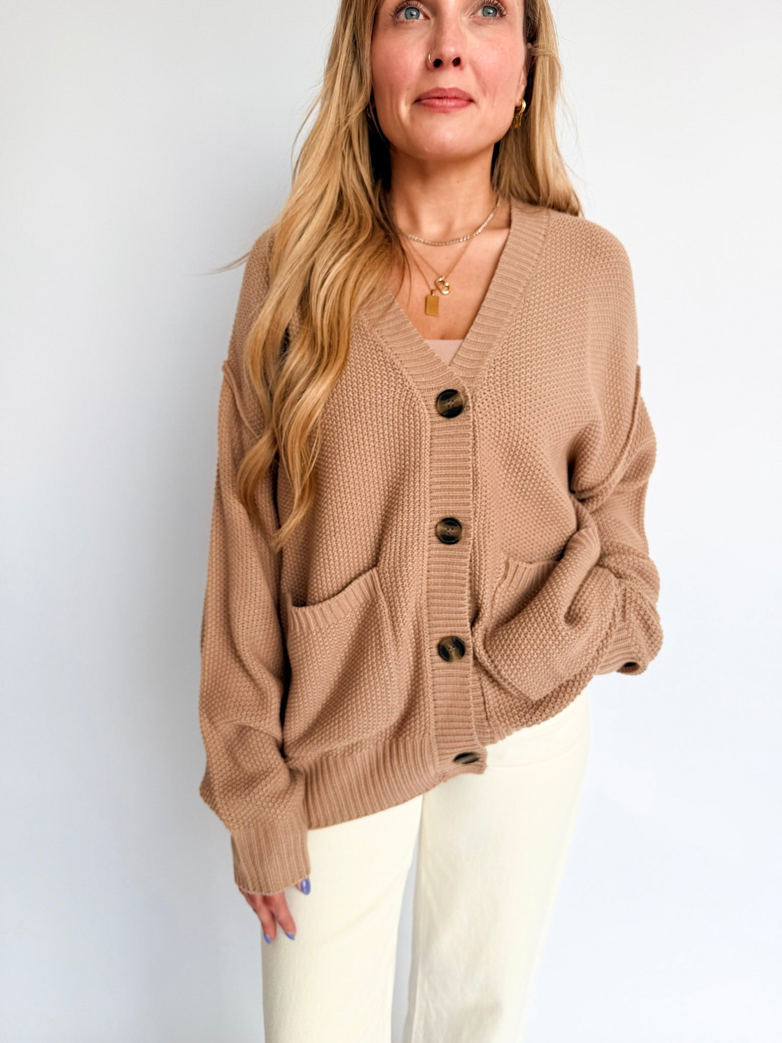 Lucy Oversized Knit Button Cardigan in Dark Taupe