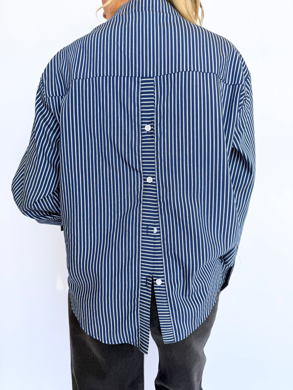 Briony Open Back Oxford in Blue Stripe