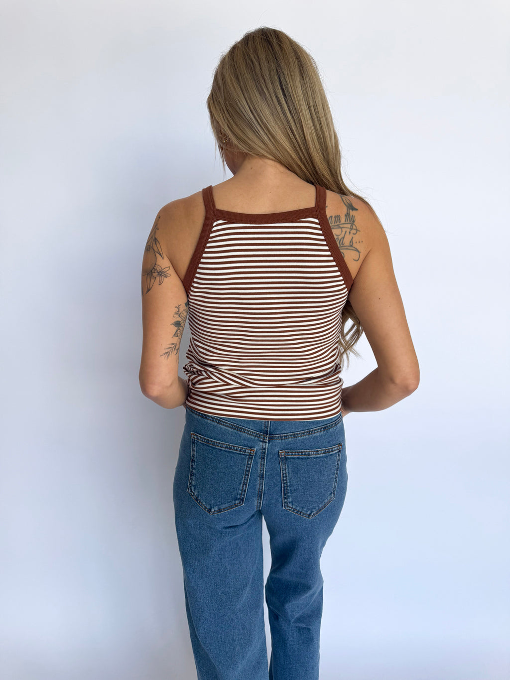 Jessika Striped Ribbed Tank in Brown