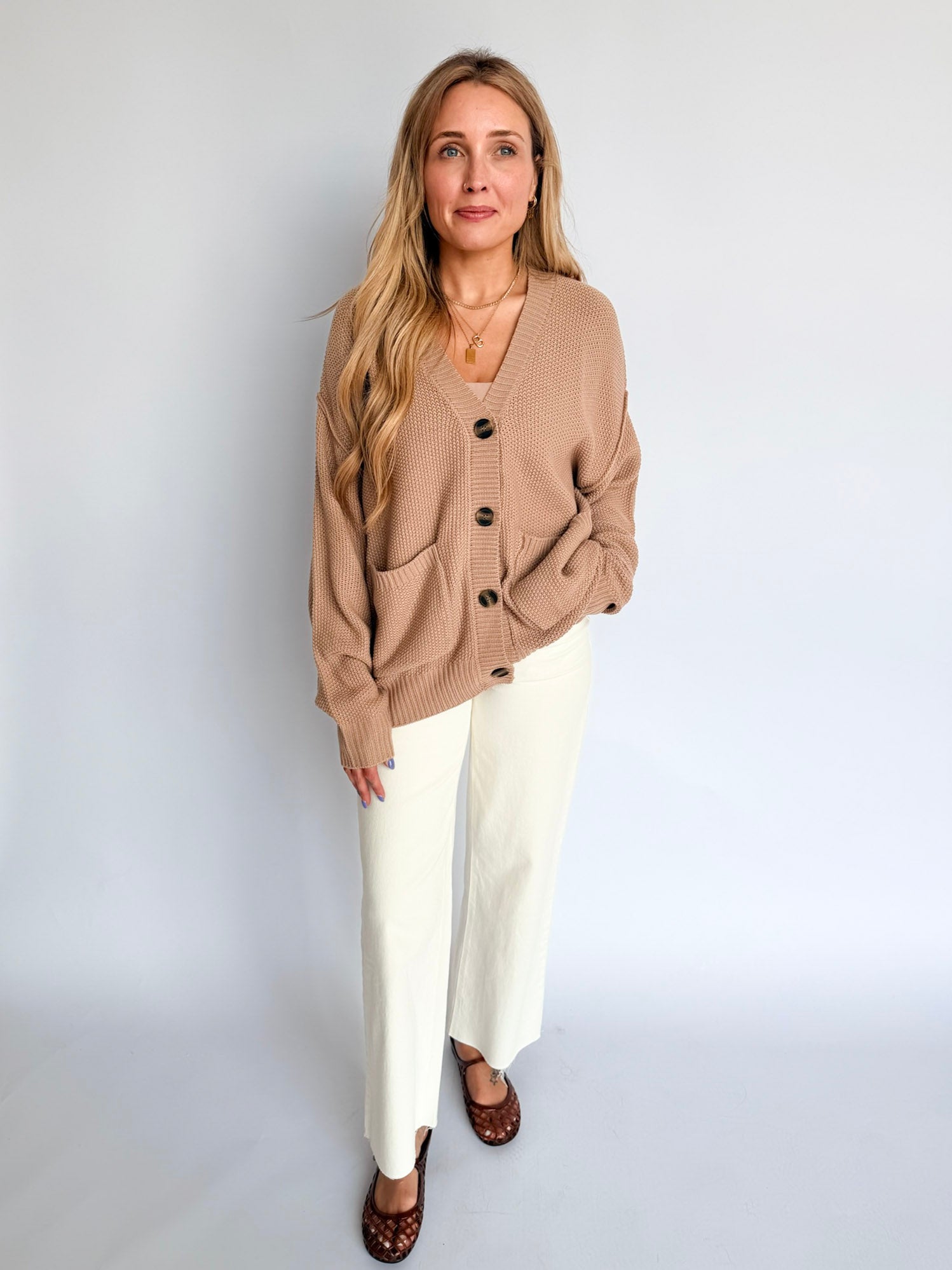 Lucy Oversized Knit Button Cardigan in Dark Taupe