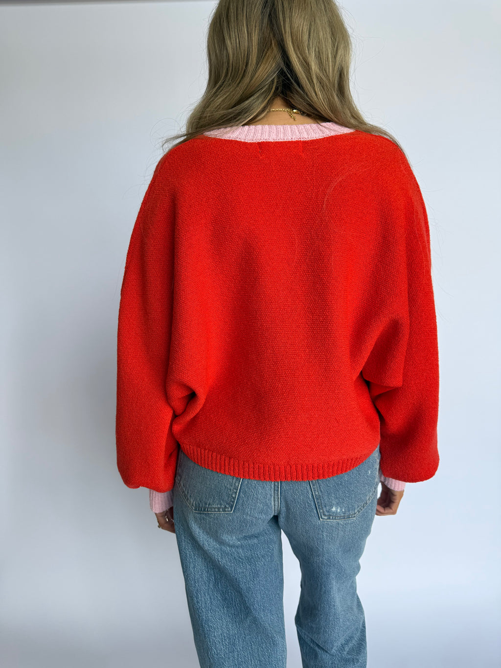 Ari Button Sweater in Deep Orange Pink