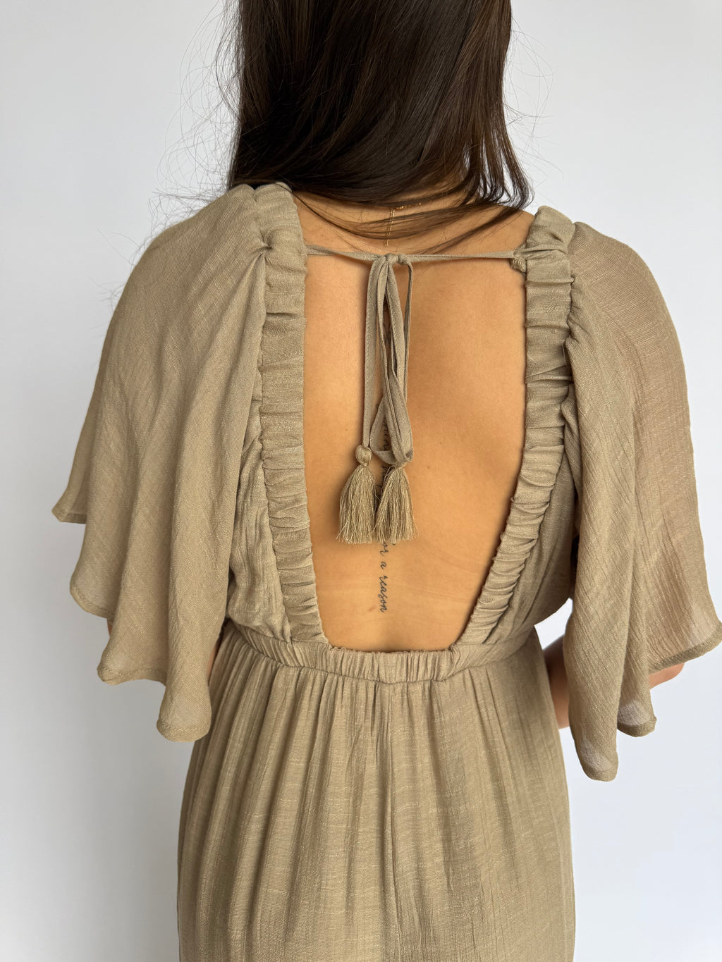 Zarella Flutter Sleeve Maxi Dress in Taupe