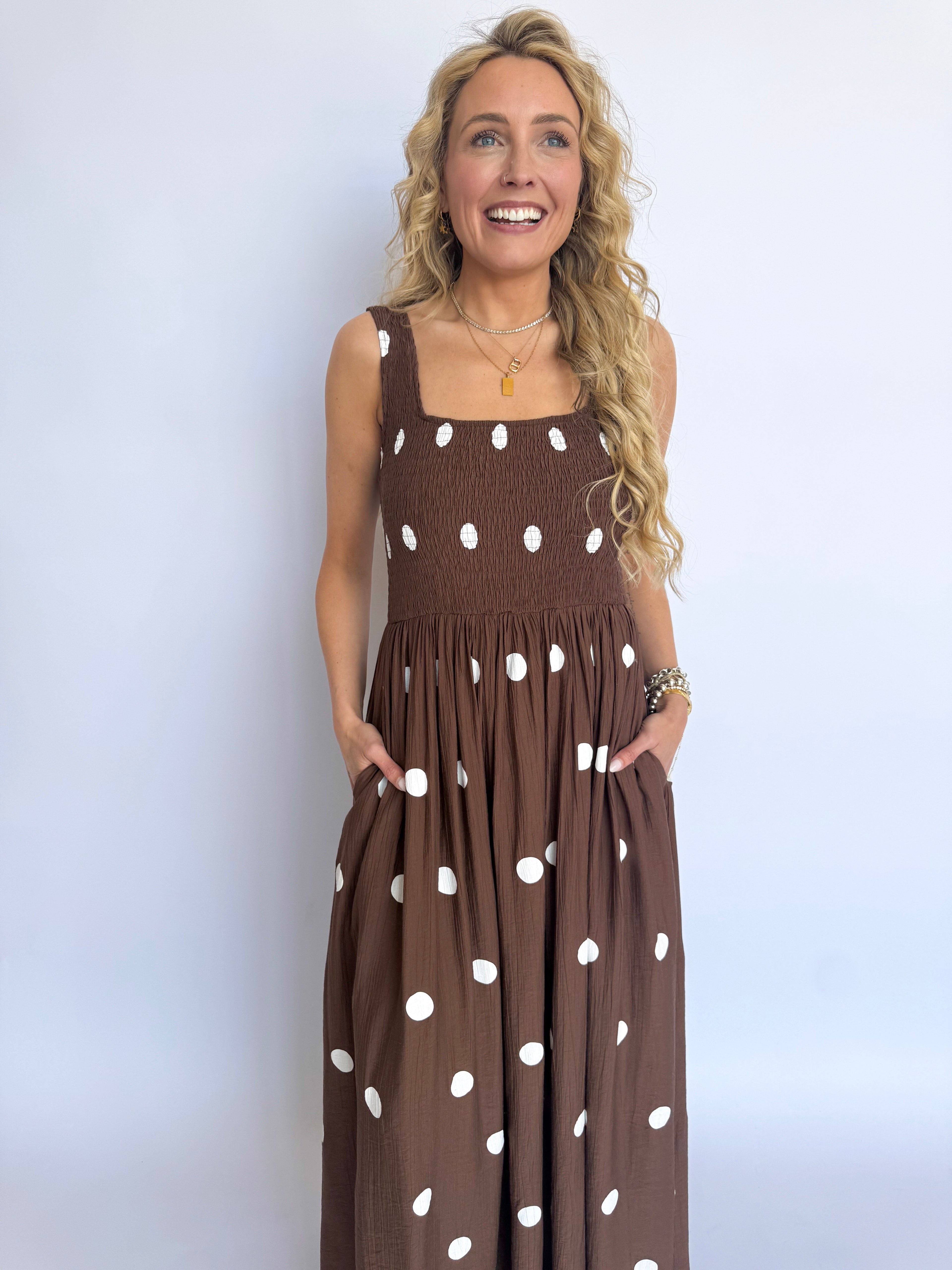 brown maxi dress with white polka dots Phiffer Polka Dot Maxi Dress Large