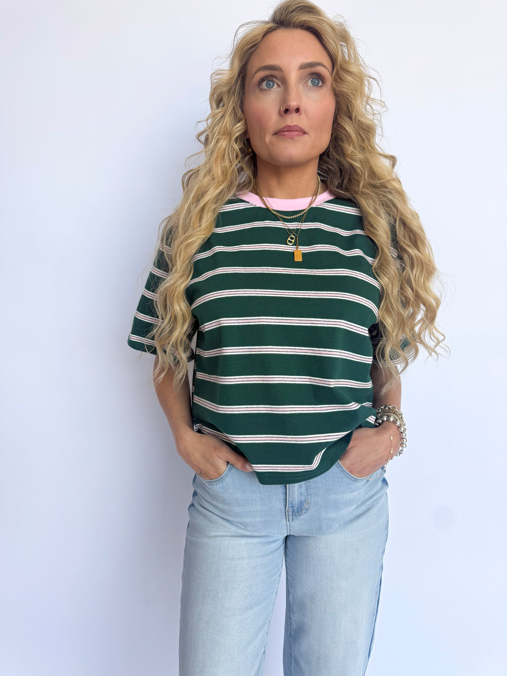 Vanya Striped Boxy Tee in Green + Pink