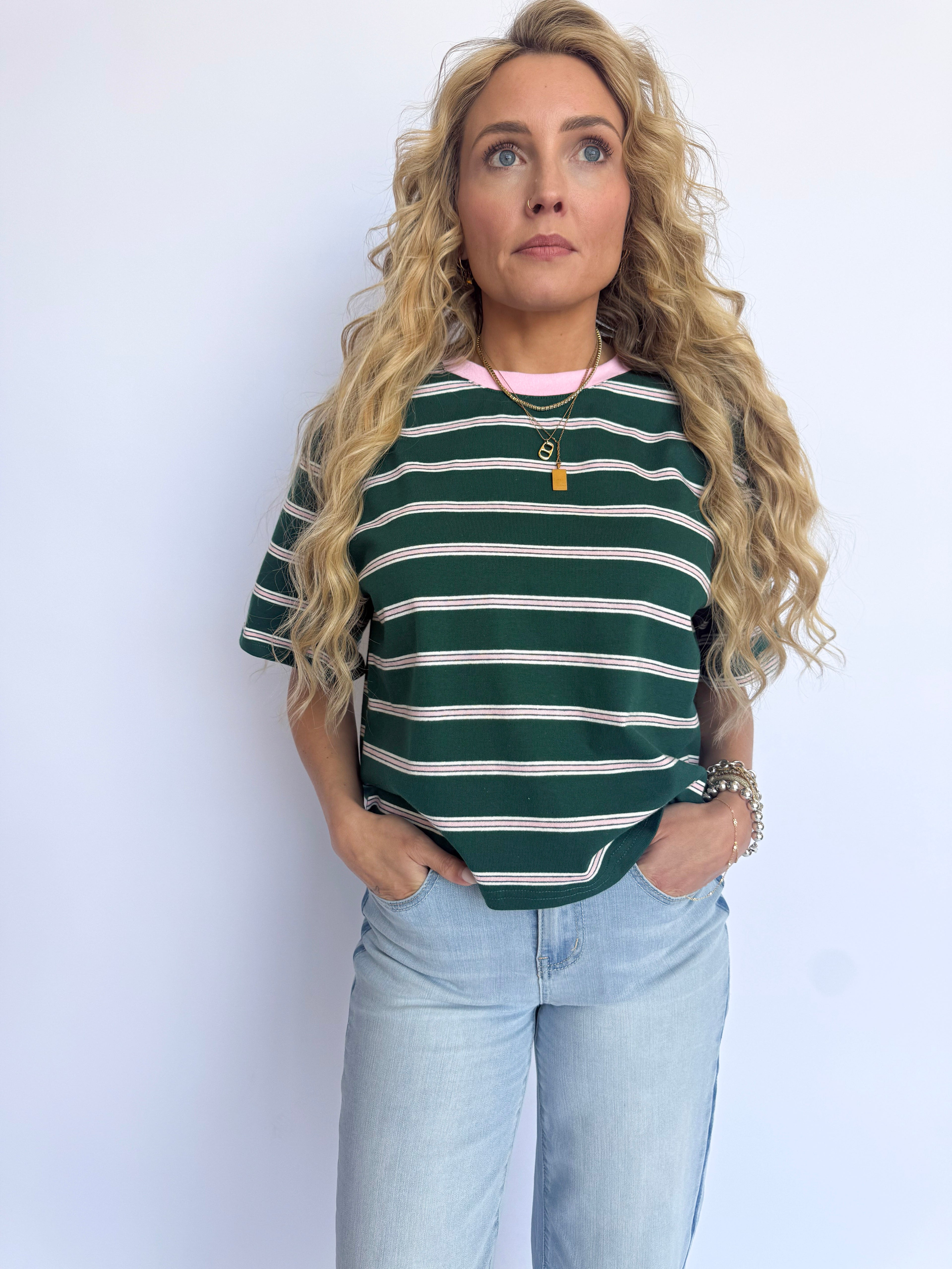 Vanya Striped Boxy Tee in Green + Pink