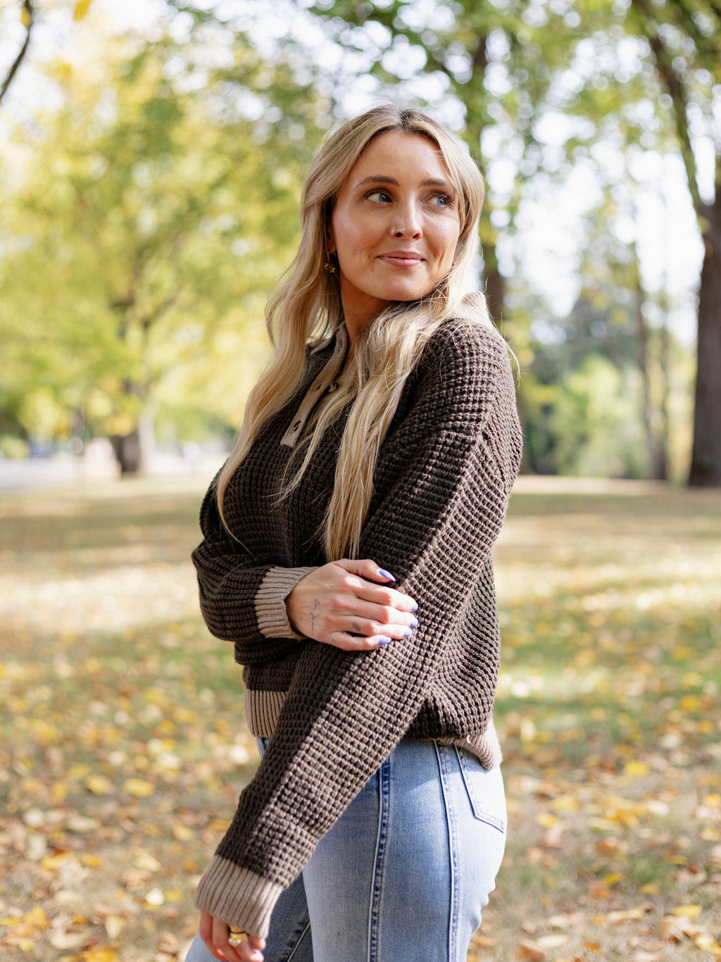 Evangeline Waffle Collar Sweater in Dark Olive