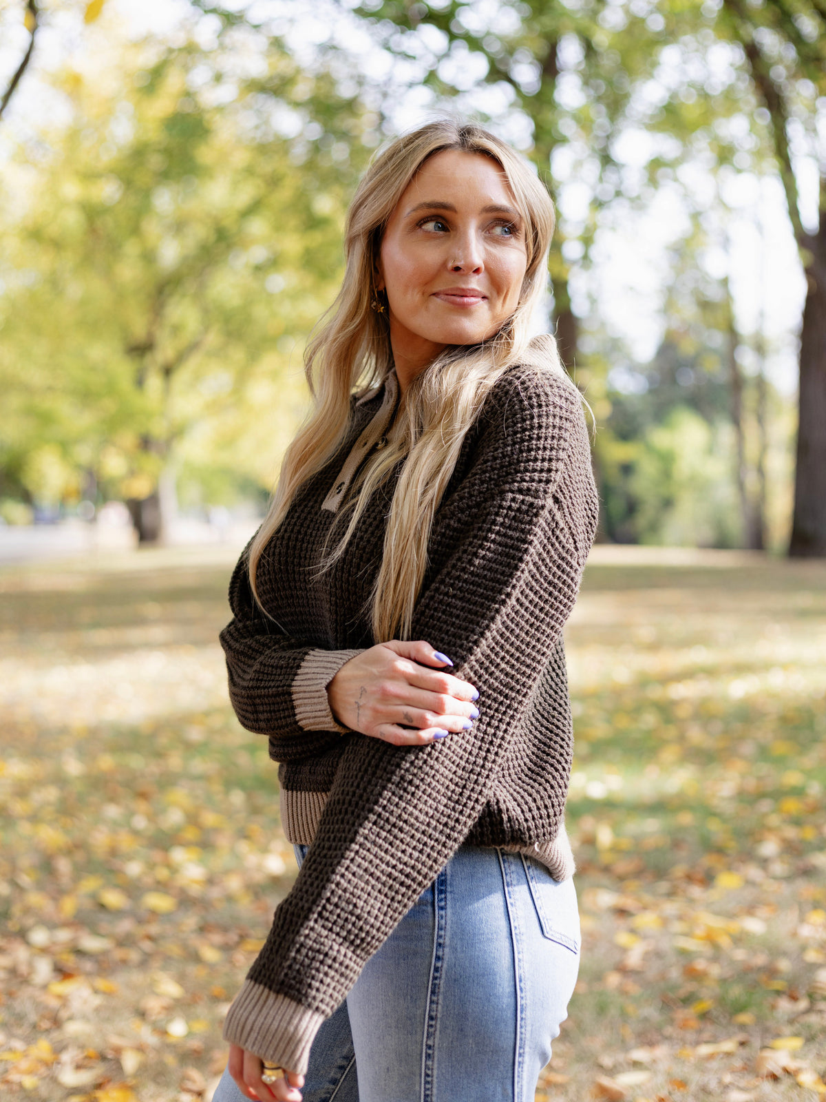 Evangeline Waffle Collar Sweater in Dark Olive