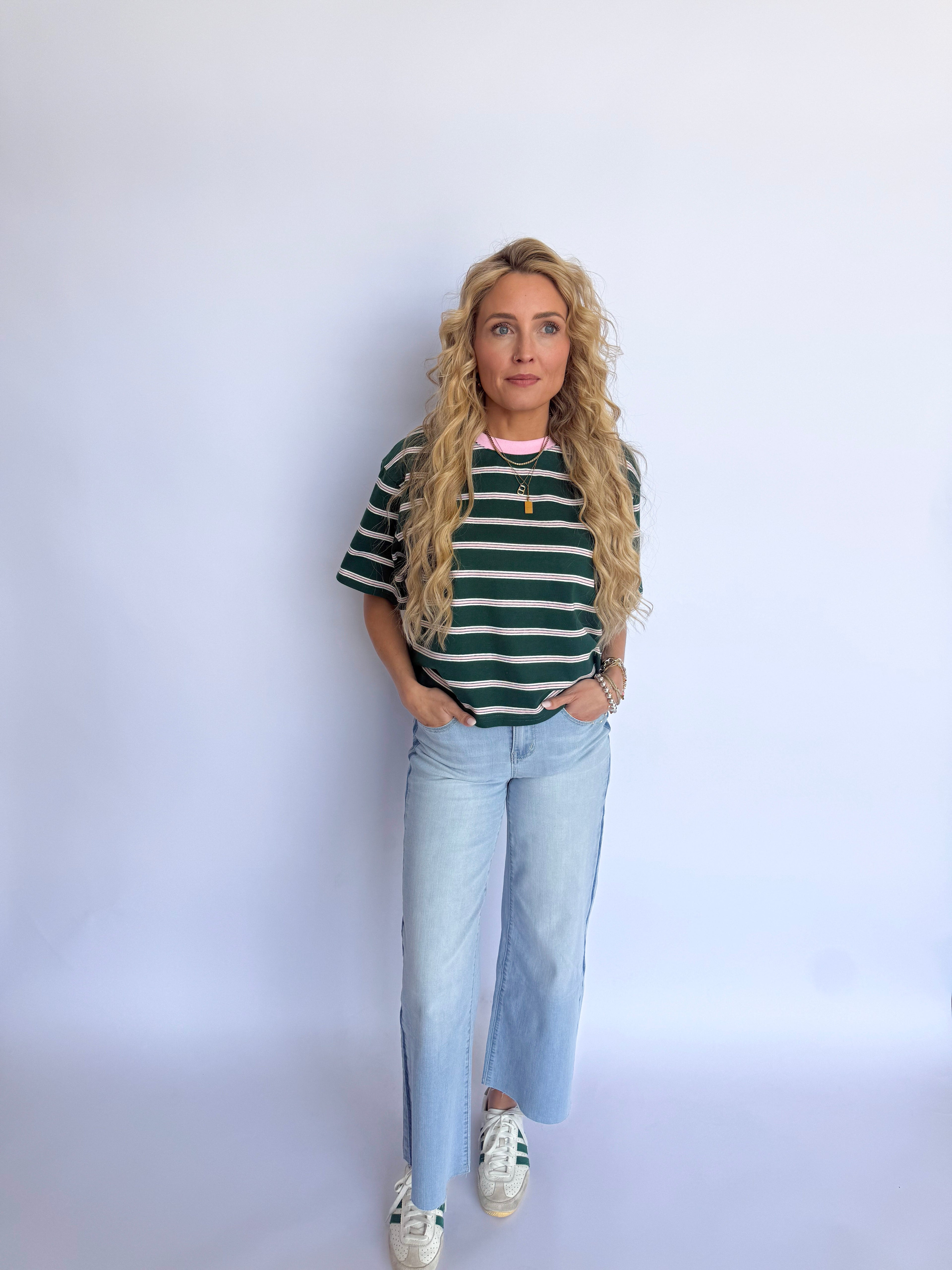 Vanya Striped Boxy Tee in Green + Pink