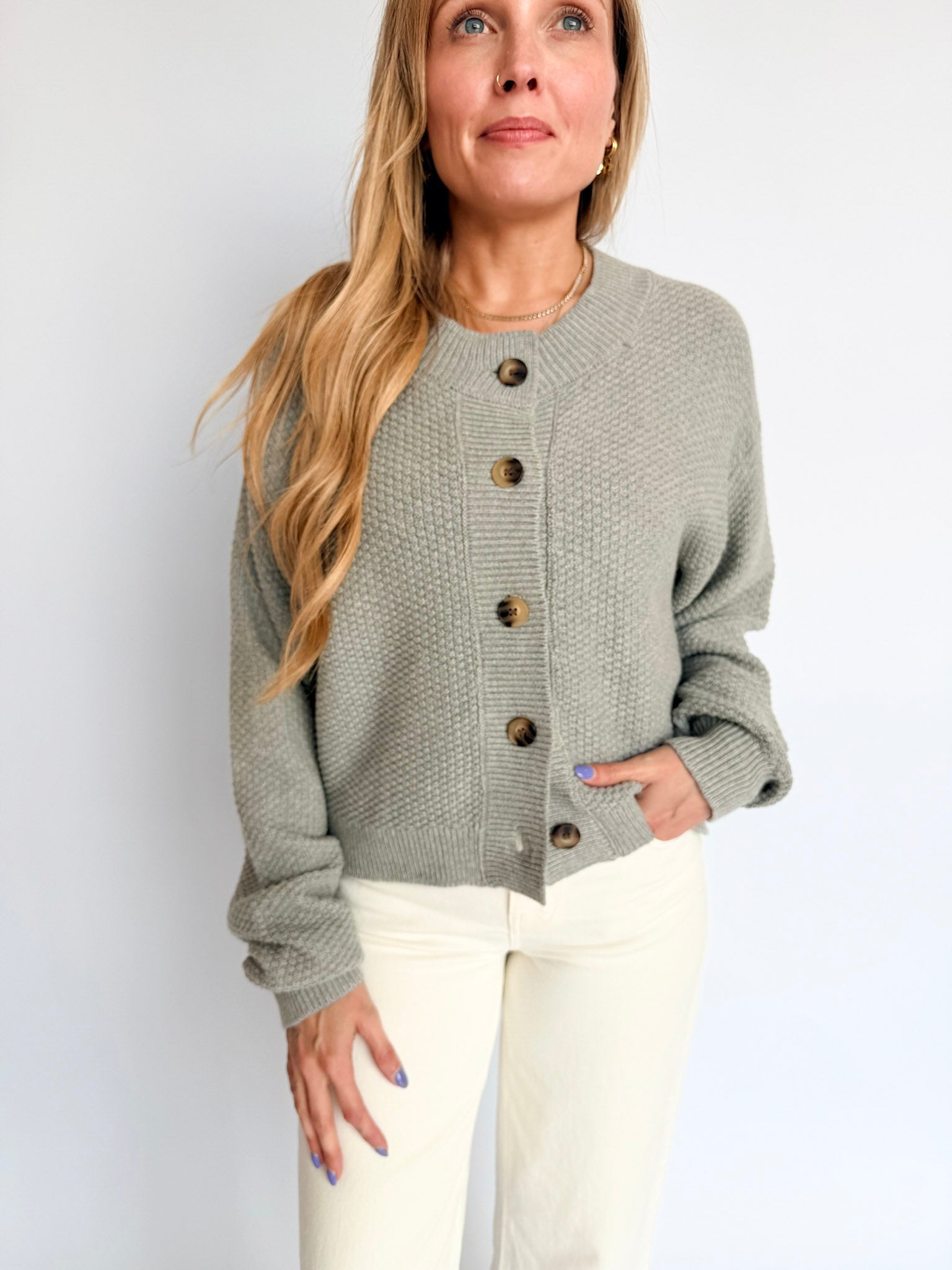 Isabella Button Front Cardigan in Heather Grey