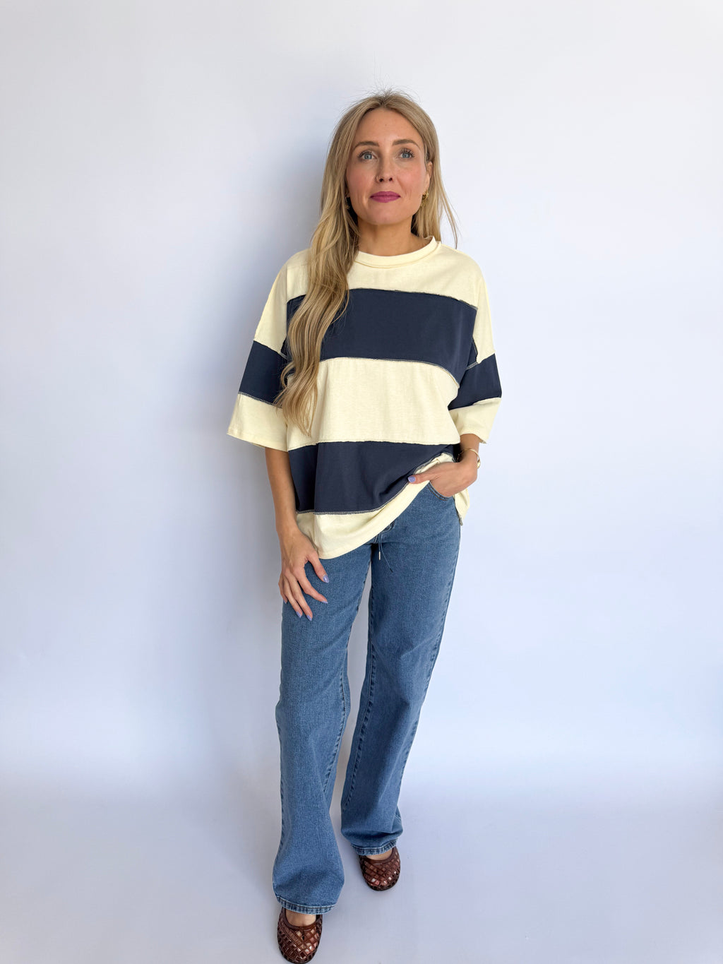 Polly Color Block Top in Pineapple + Navy