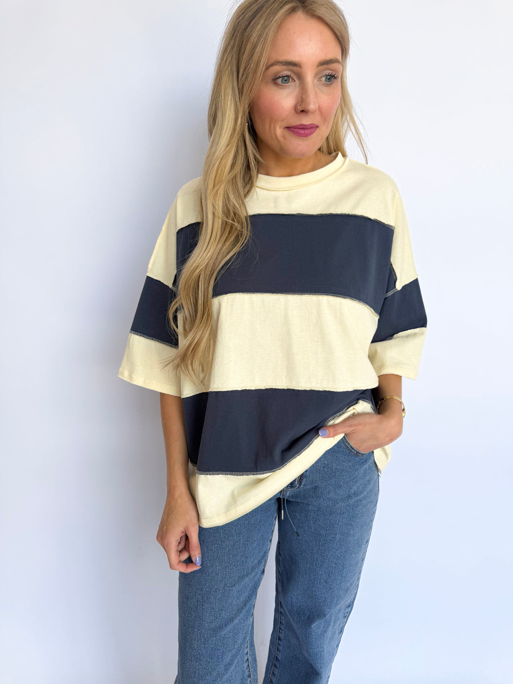Polly Color Block Top in Pineapple + Navy
