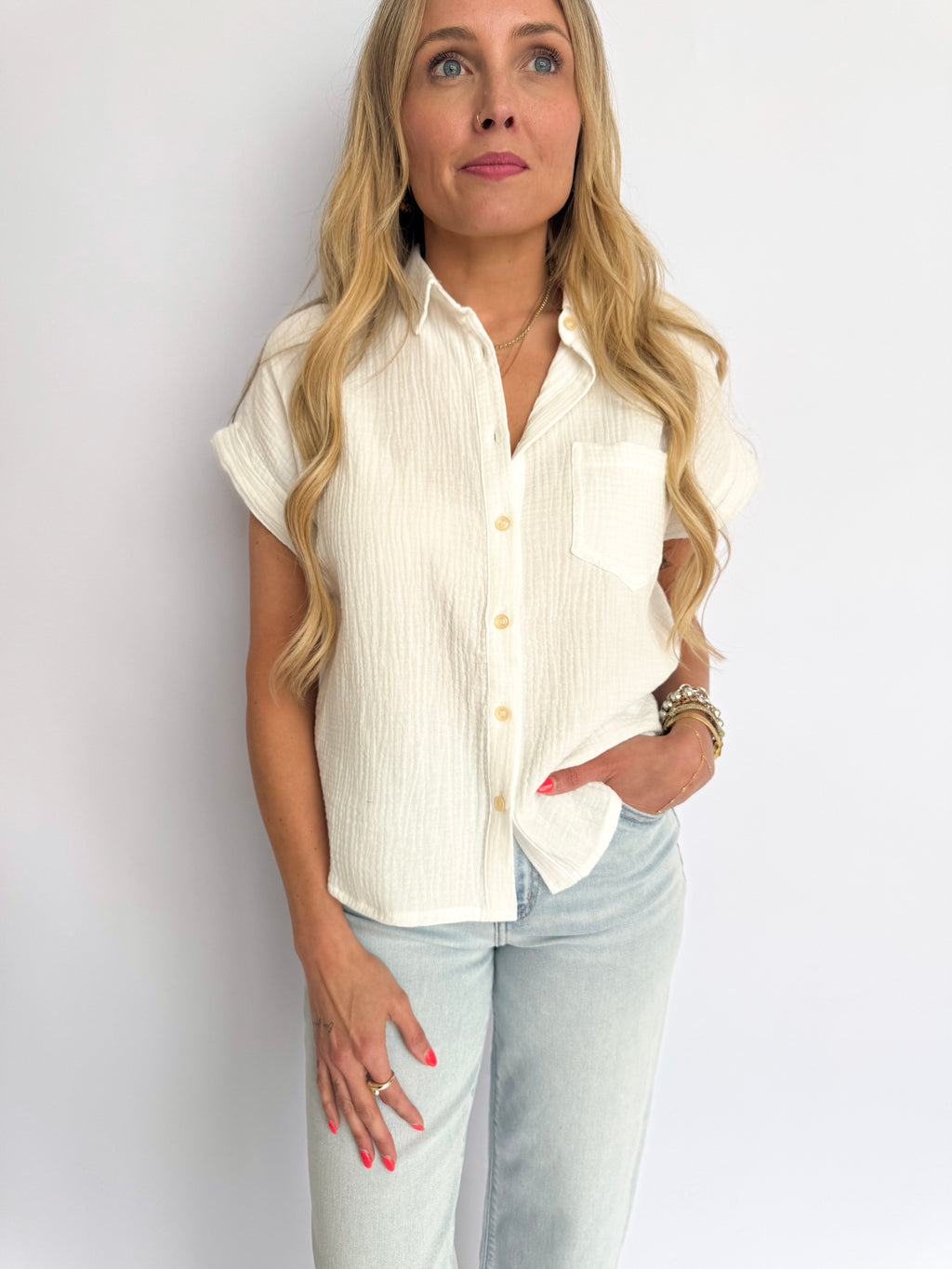 Valea Rolled Sleeve Button Up Top in Off White