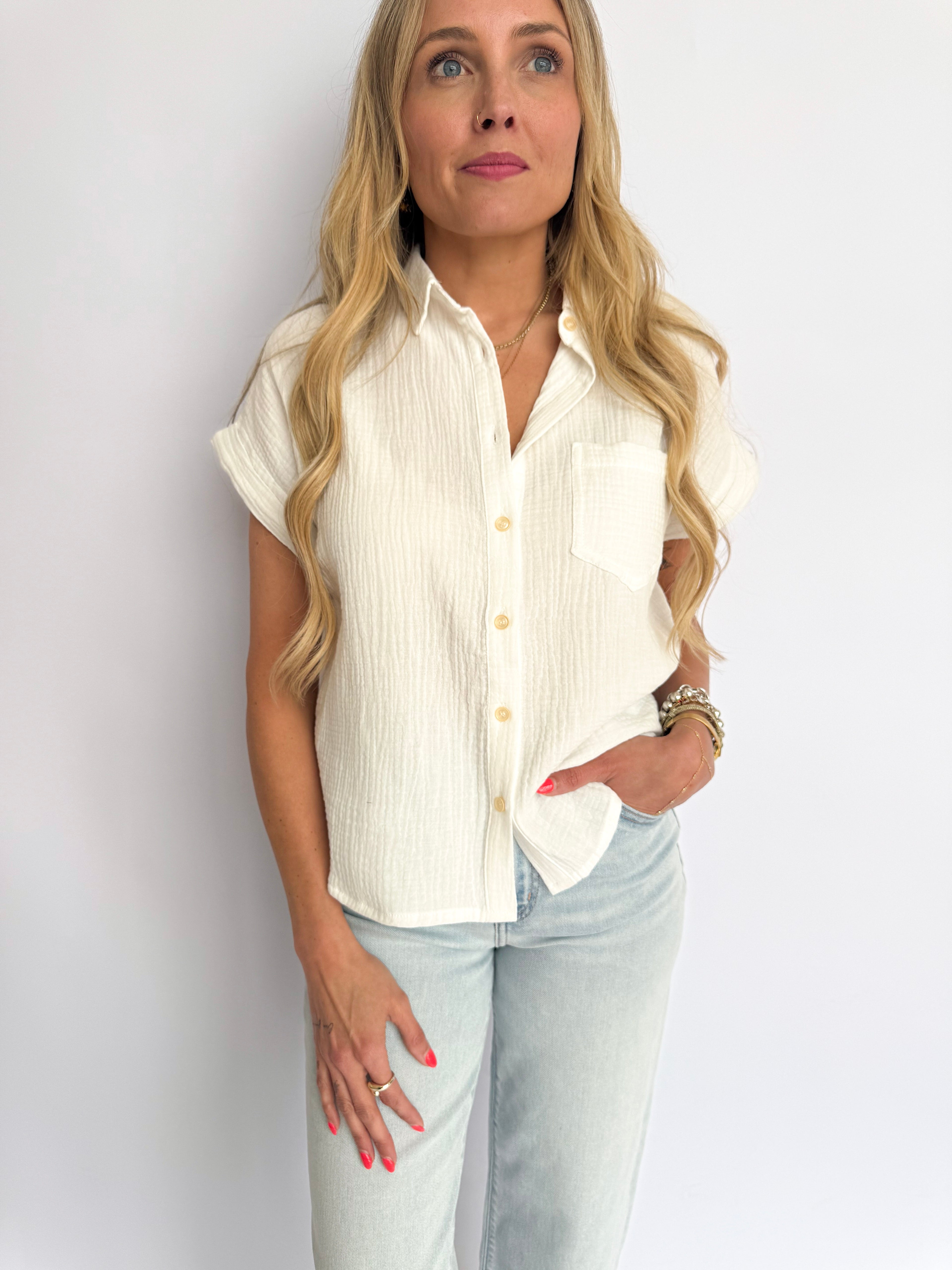 Valea Rolled Sleeve Button Up Top in Off White