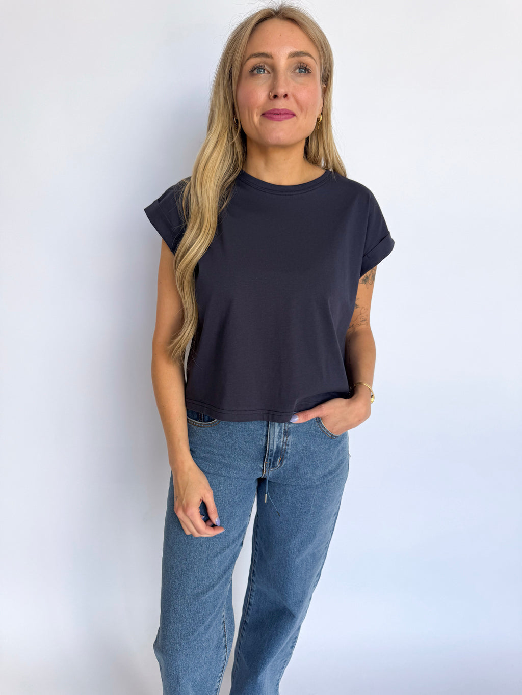 Elsin Cuffed Sleeve Top in Indigo Blue