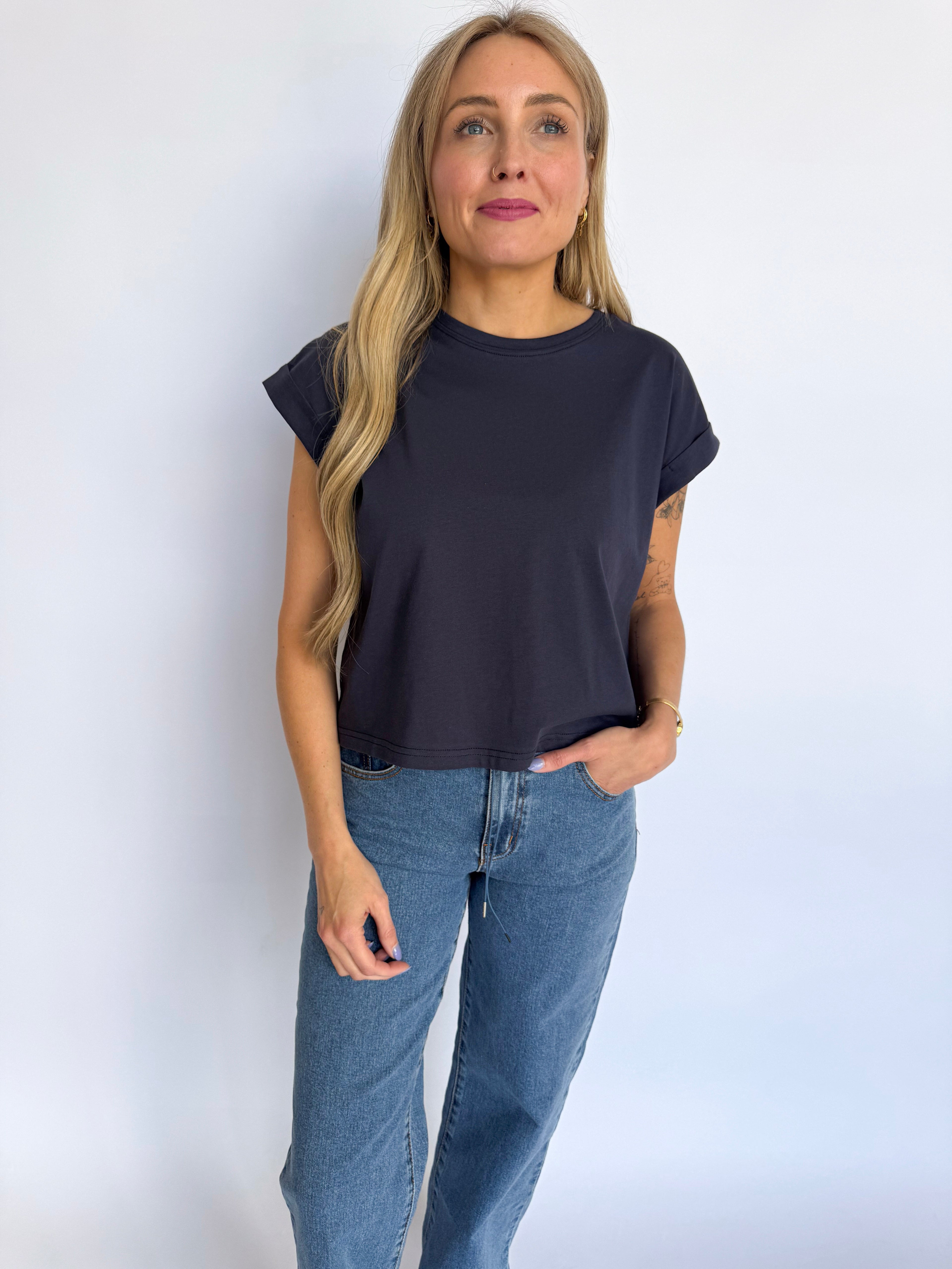 Elsin Cuffed Sleeve Top in Indigo Blue