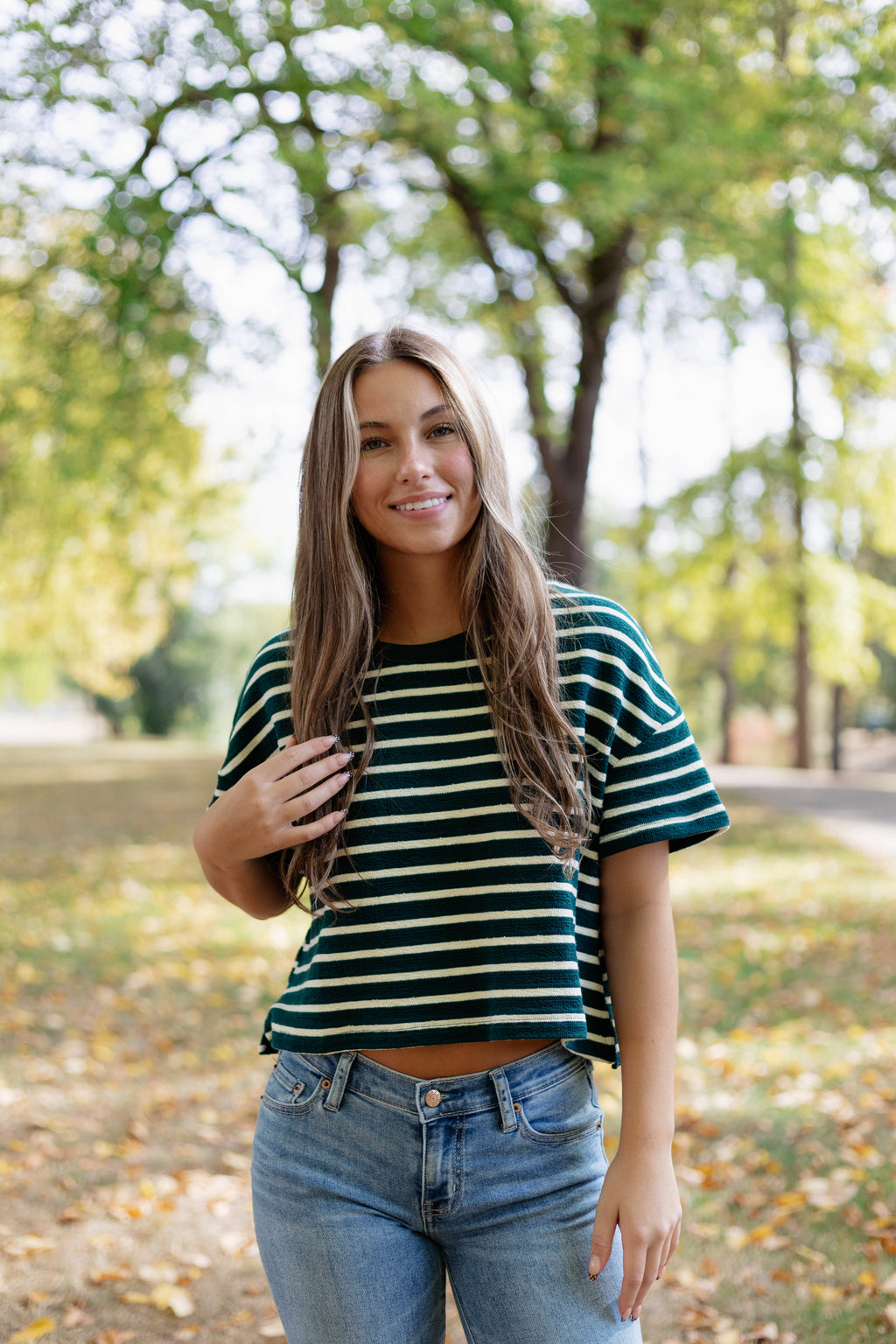 Hall Pass Stripe Tee in Hunter Green
