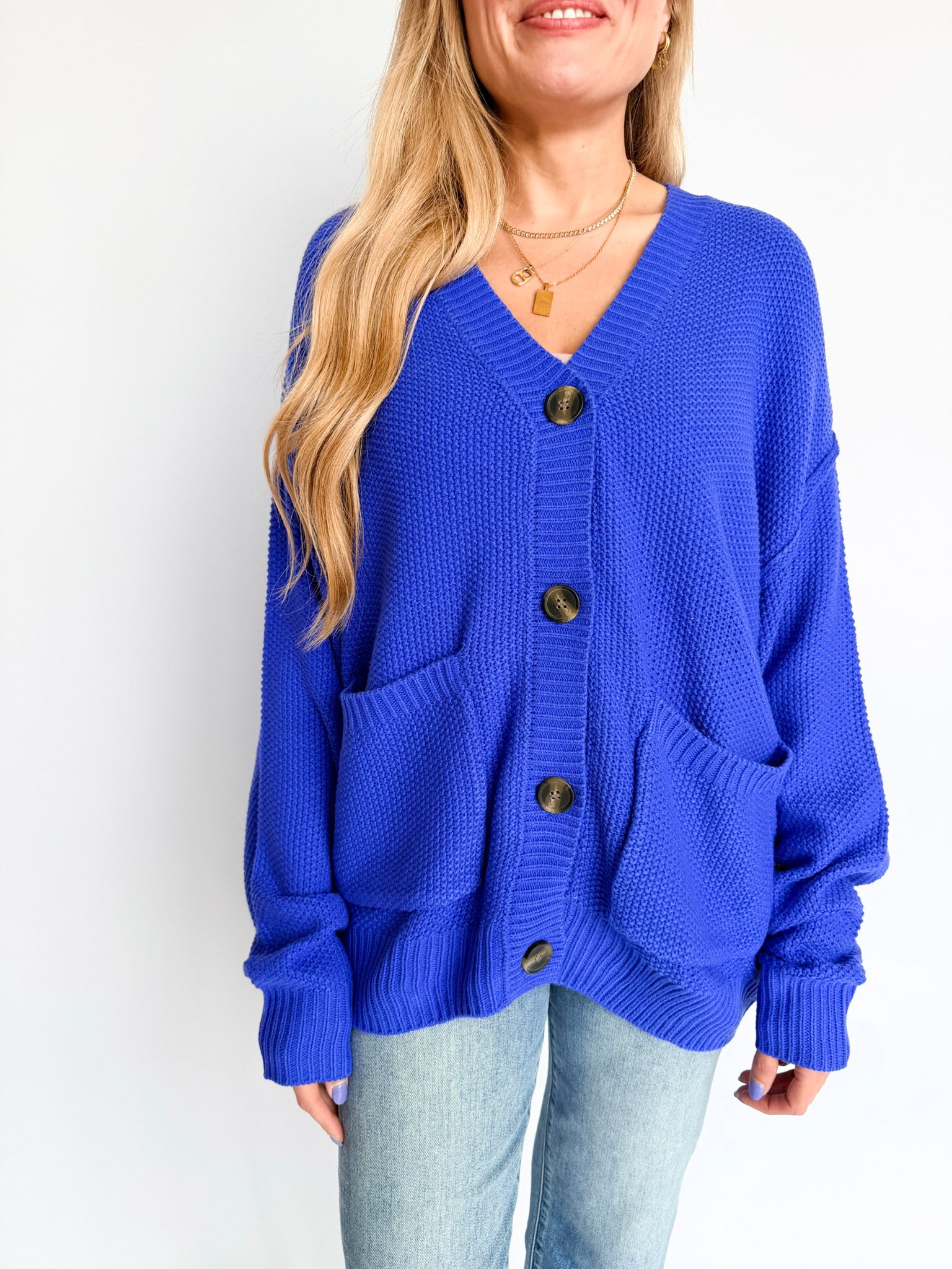 Lucy Oversized Knit Button Cardigan in Cobalt