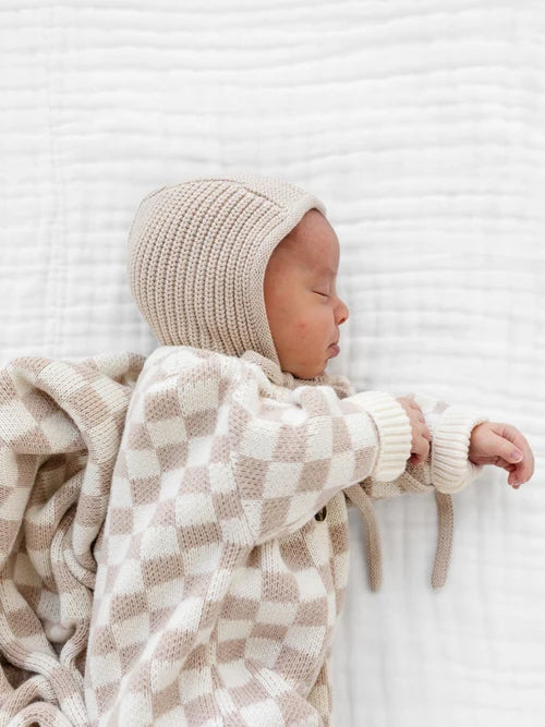 Knit Long Sleeve Onesie - Tan Checkered