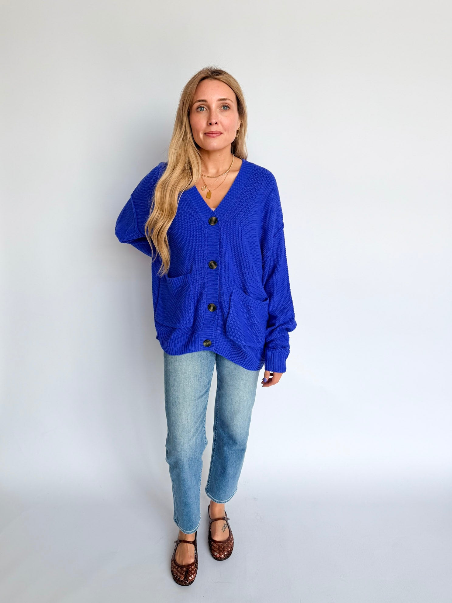 Lucy Oversized Knit Button Cardigan in Cobalt