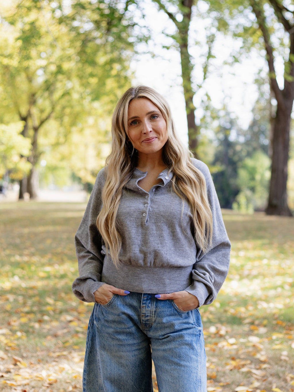 Amira Luxe Knit Henley Sweater in Heather Grey