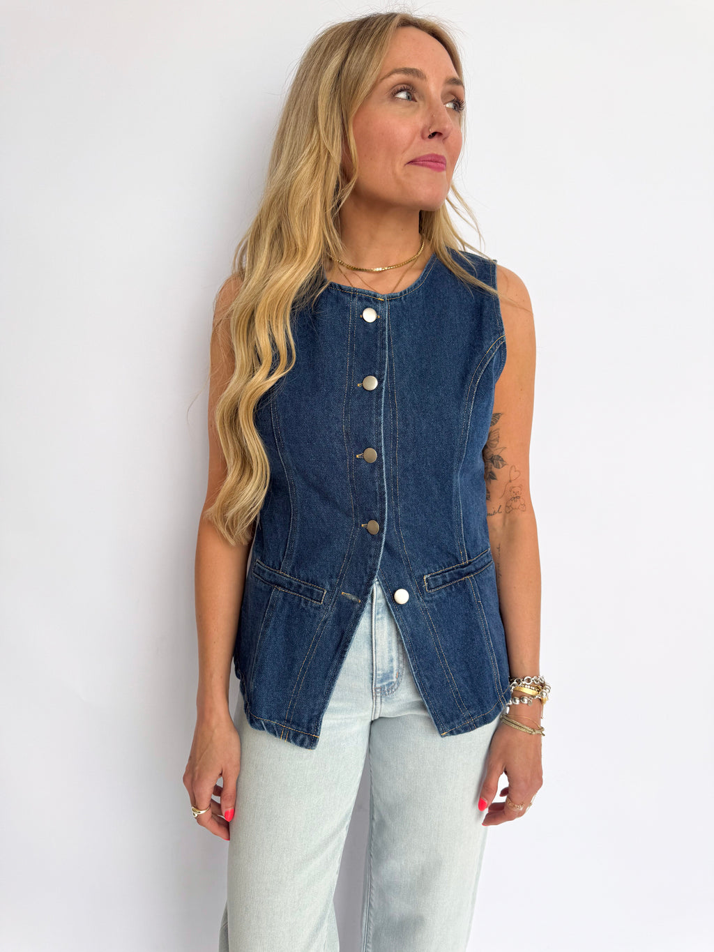 Ione Button Front Denim Vest