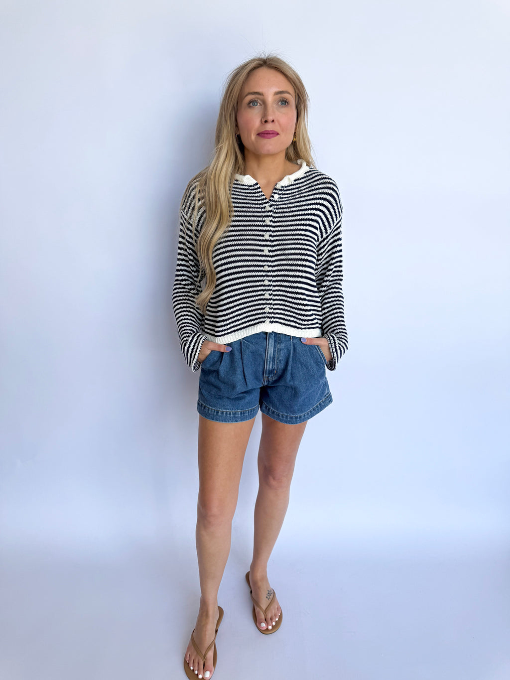 Lennox Striped Knit Cardigan in Navy + White