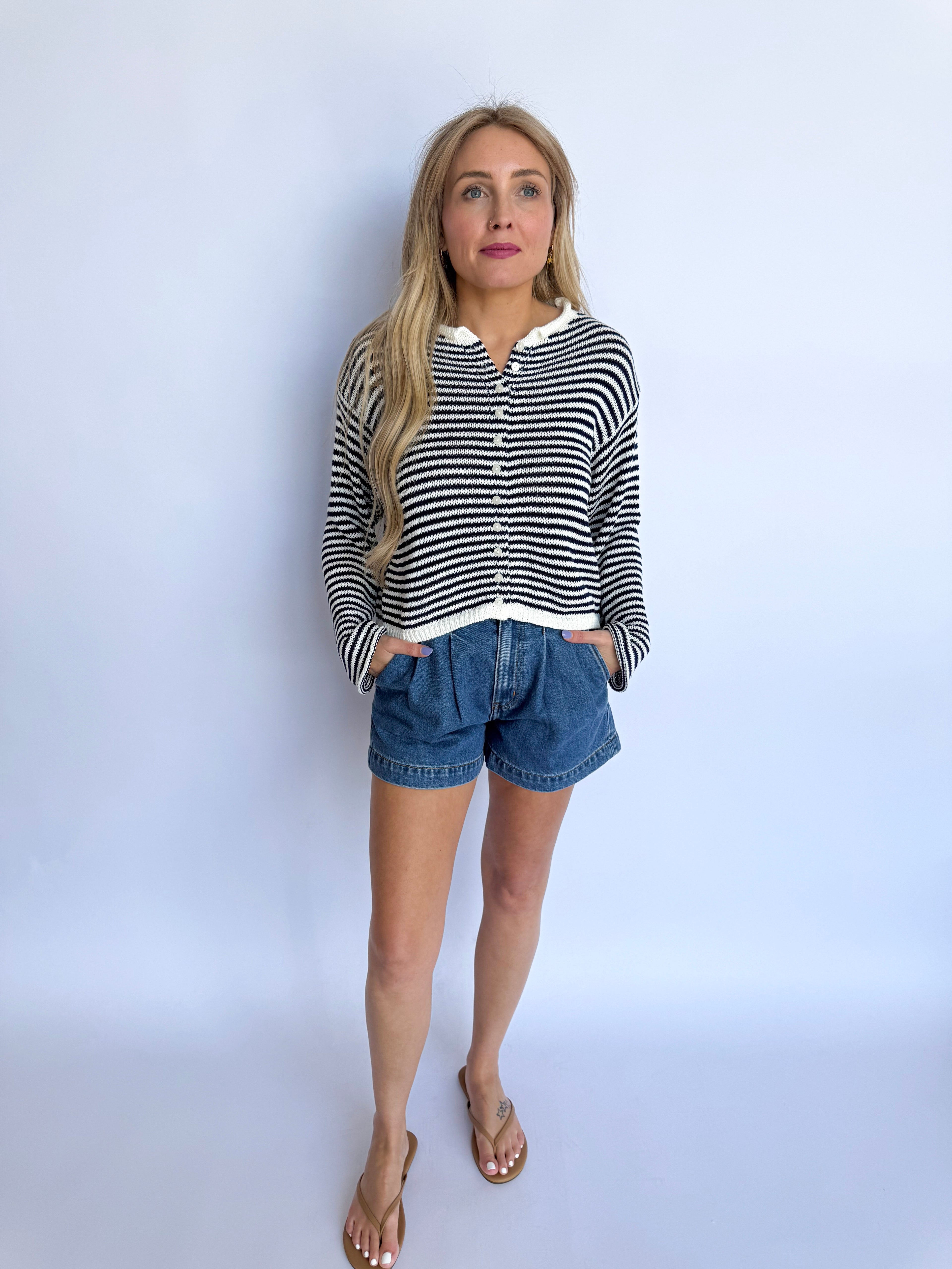 Lennox Striped Knit Cardigan in Navy + White