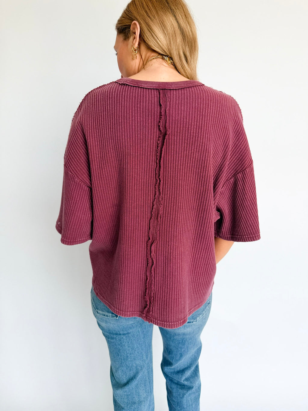 Hazel Mineral Wash Waffle Knit Top in Dark Cherry
