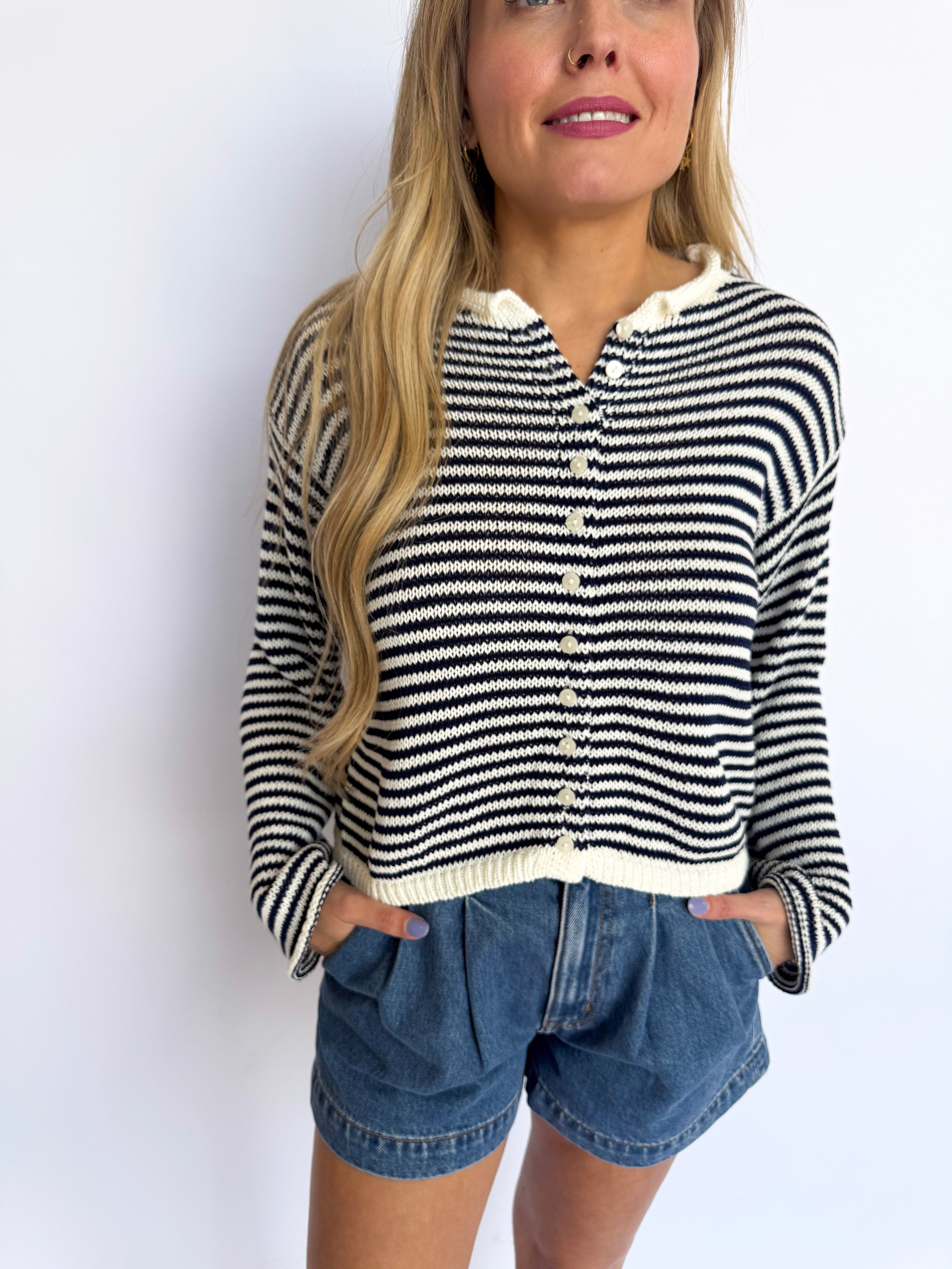 Lennox Striped Knit Cardigan in Navy + White