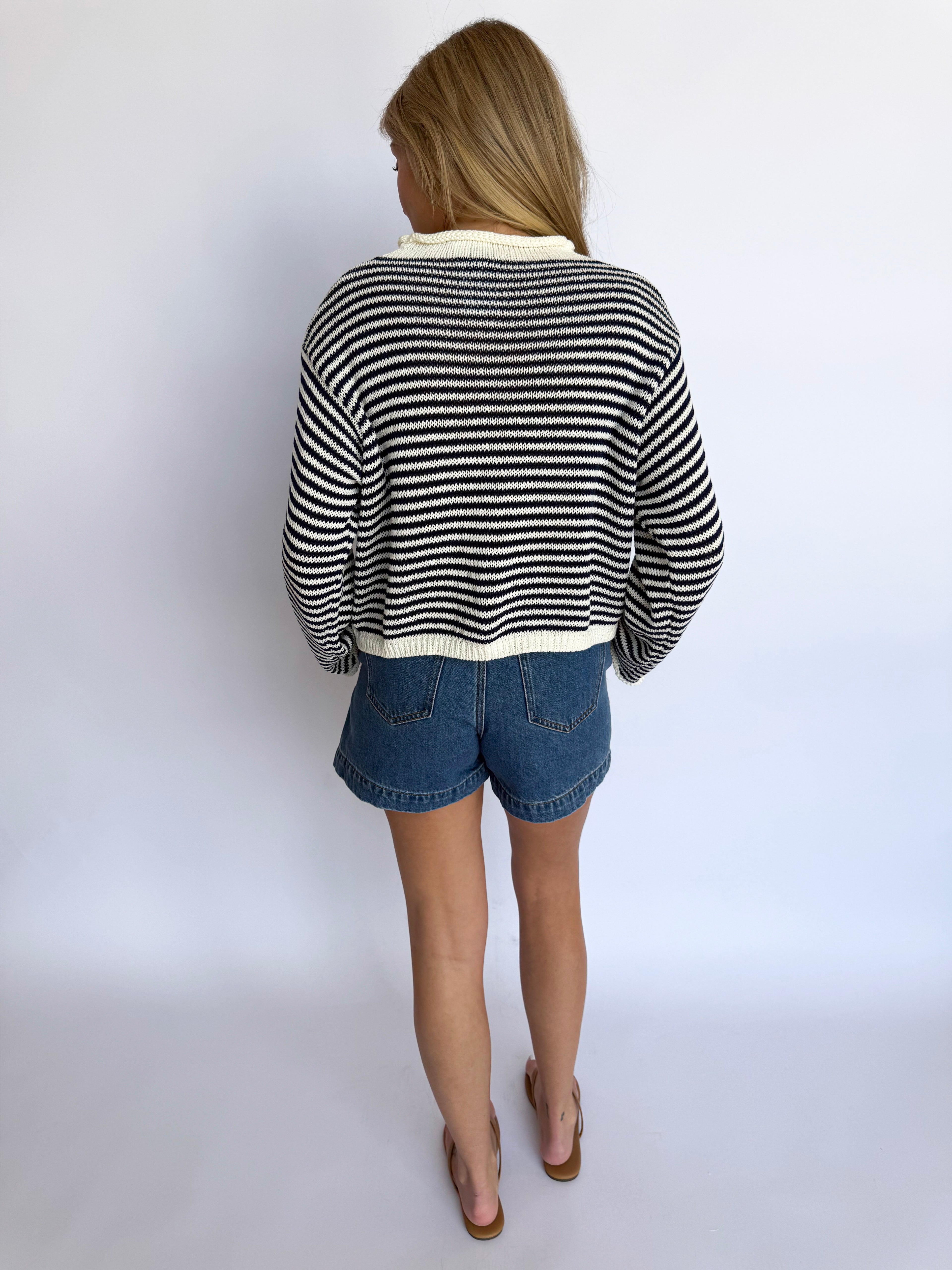 Lennox Striped Knit Cardigan in Navy + White