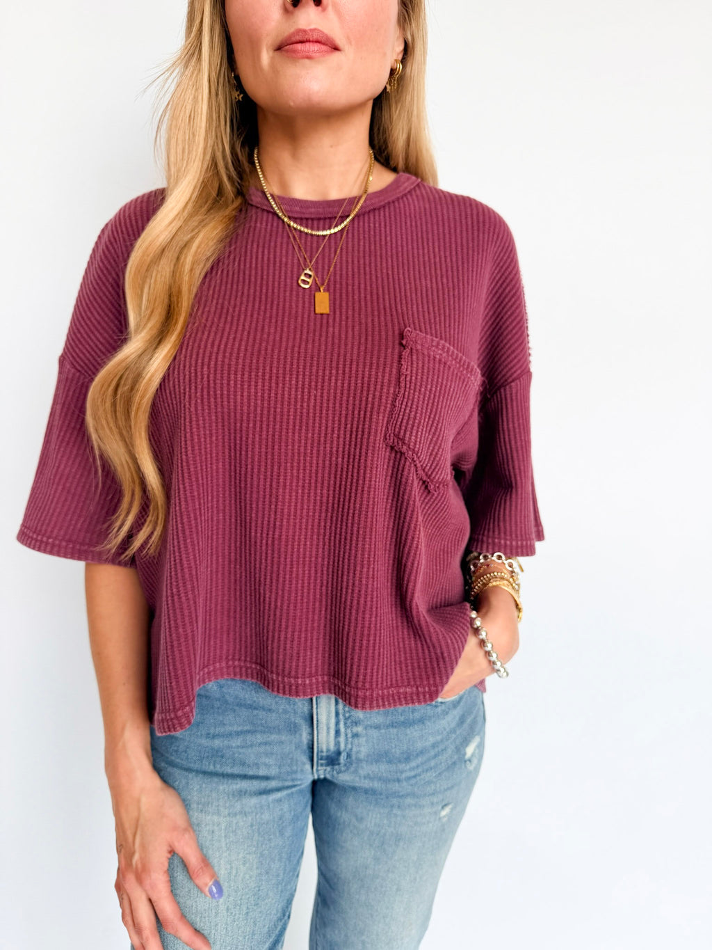 Hazel Mineral Wash Waffle Knit Top in Dark Cherry