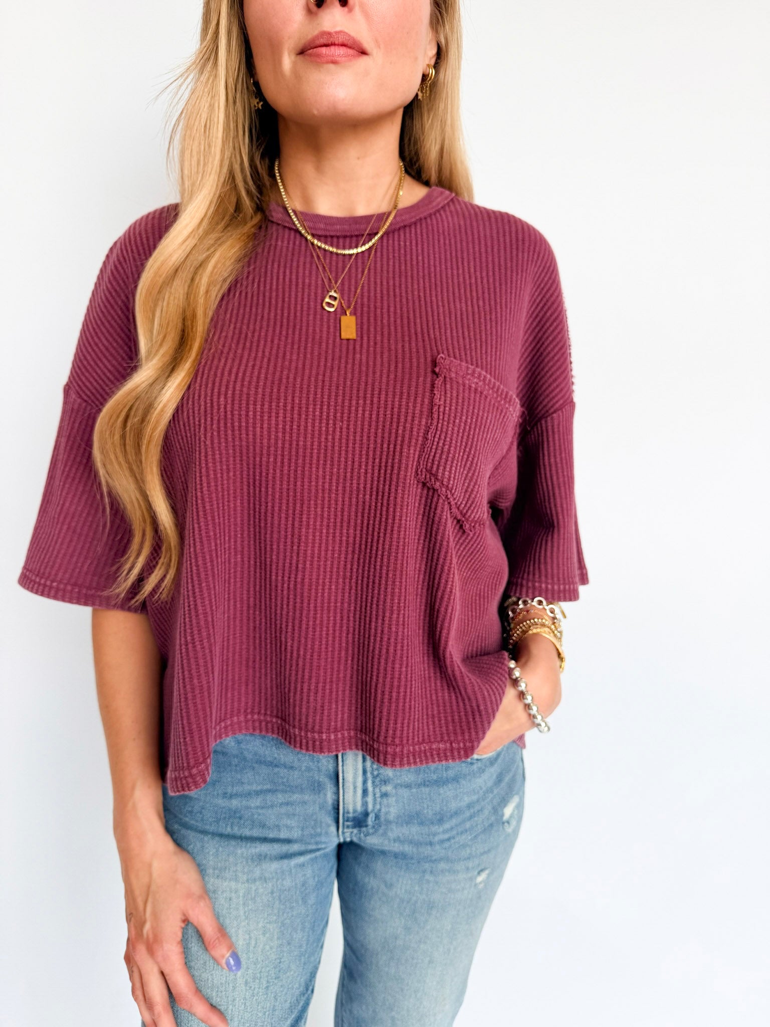 Hazel Mineral Wash Waffle Knit Top in Dark Cherry
