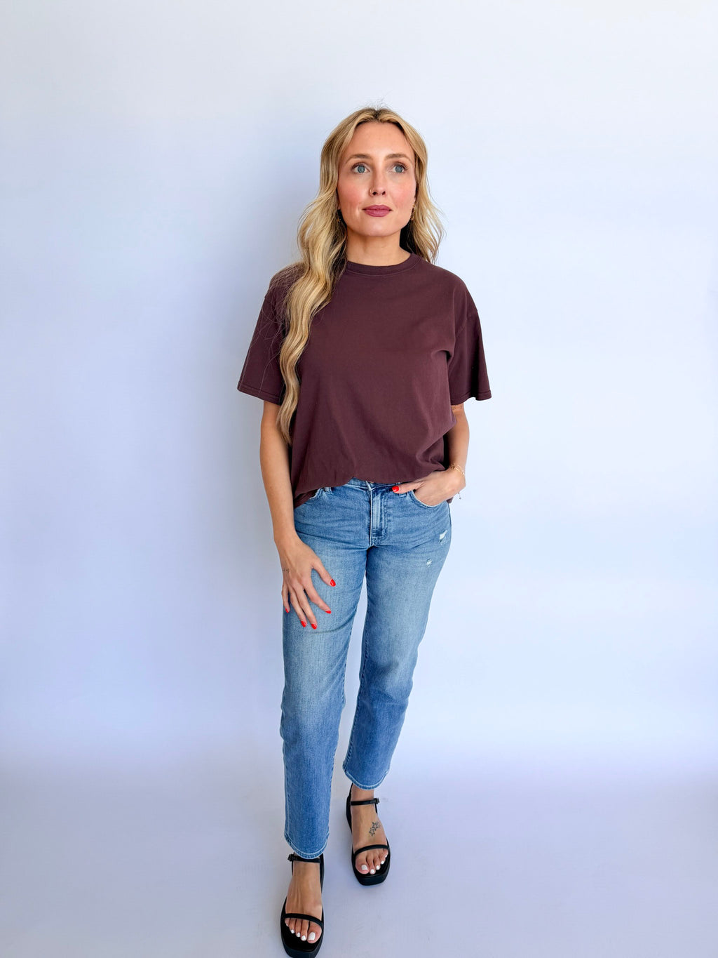 Audrey Crew Neck Pigment Dyed Tee in Cocoa
