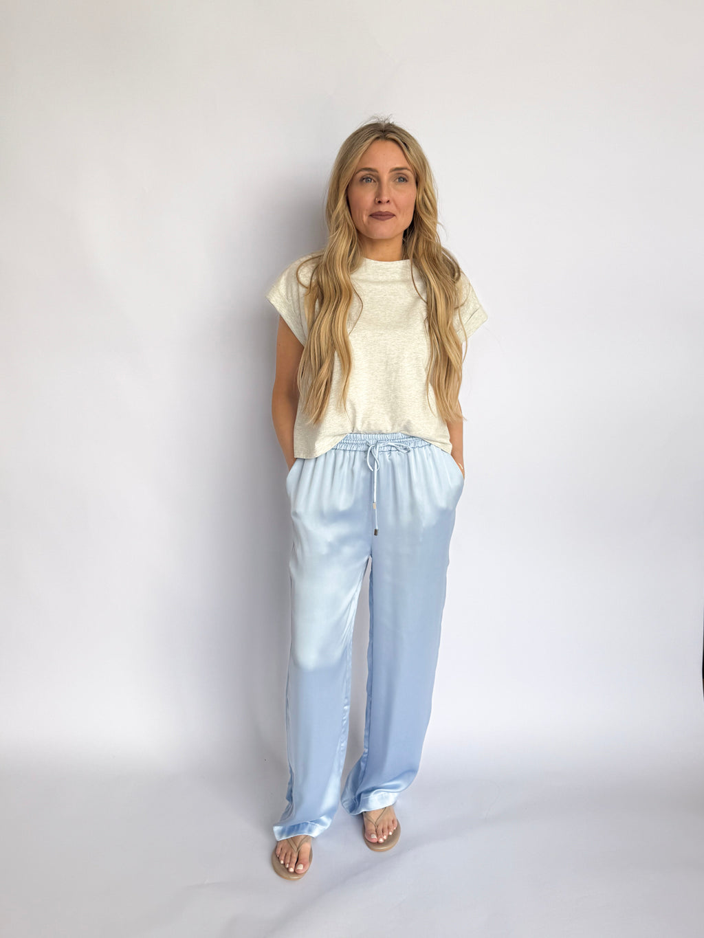 Raina Satin Pants in Ice Blue