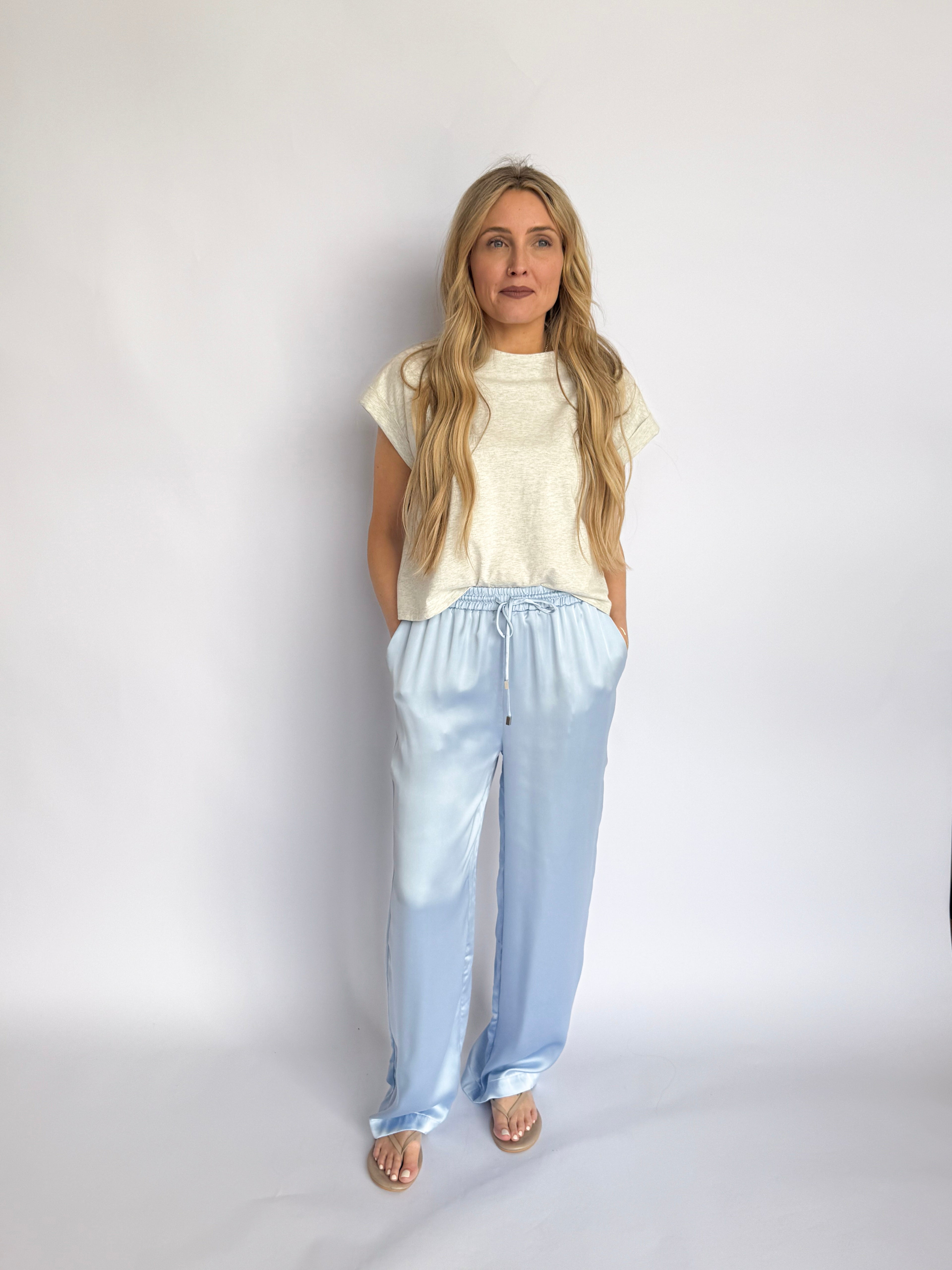 Raina Satin Pants in Ice Blue