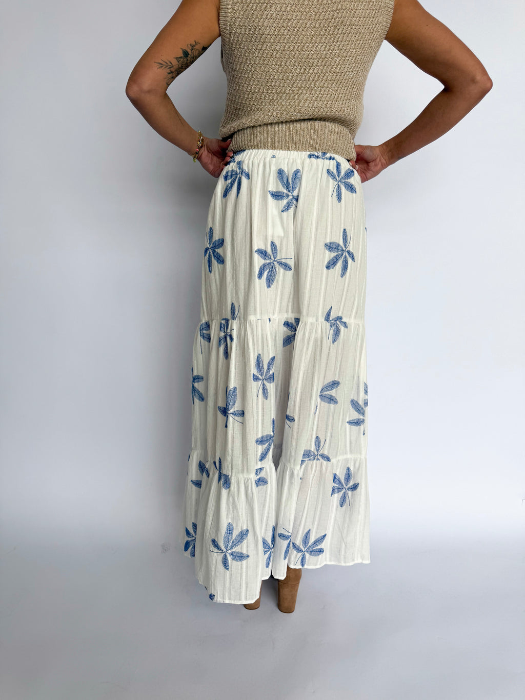 Nyxara Tiered Maxi Skirt in Blue + White