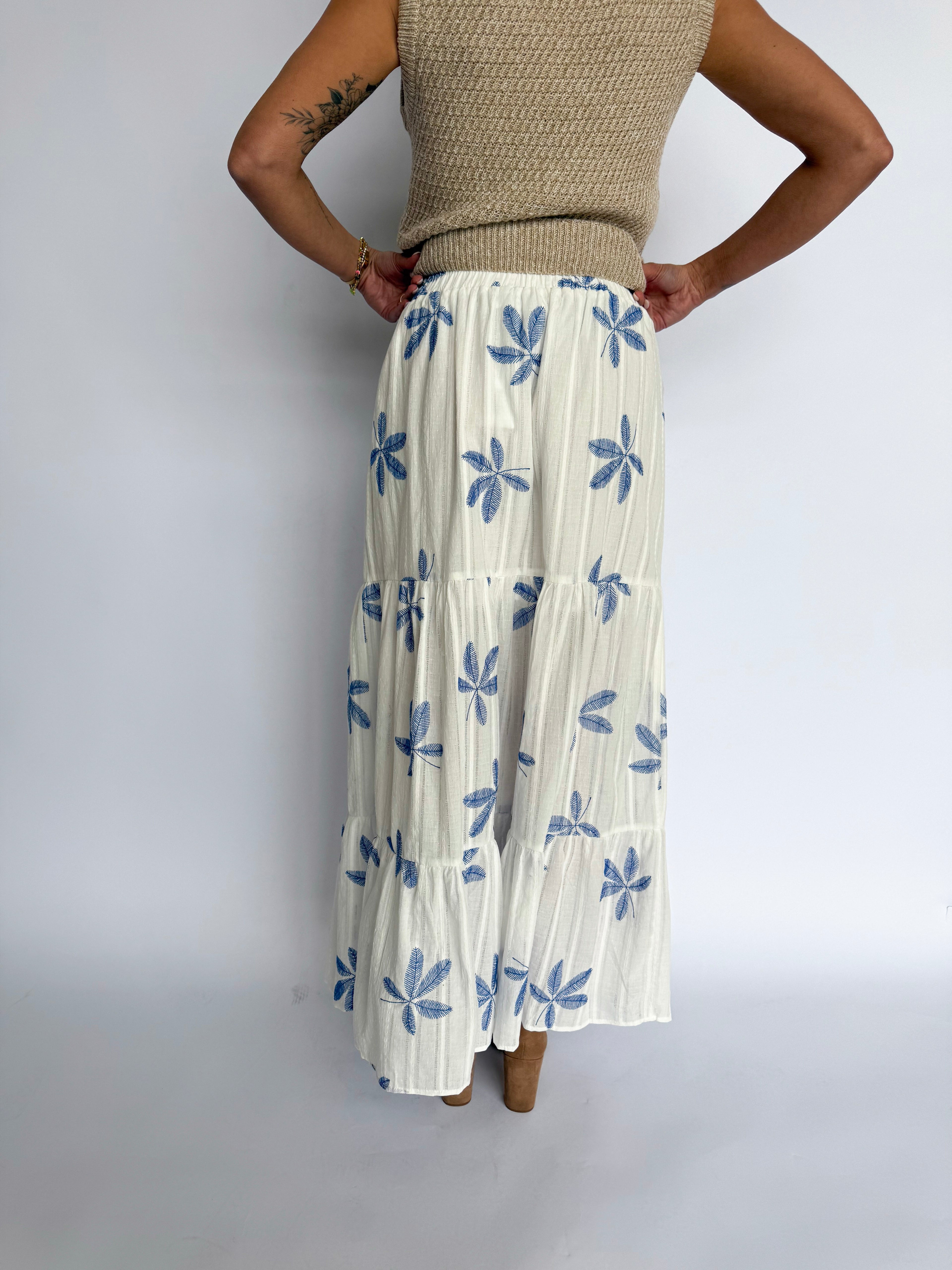 Nyxara Tiered Maxi Skirt in Blue + White